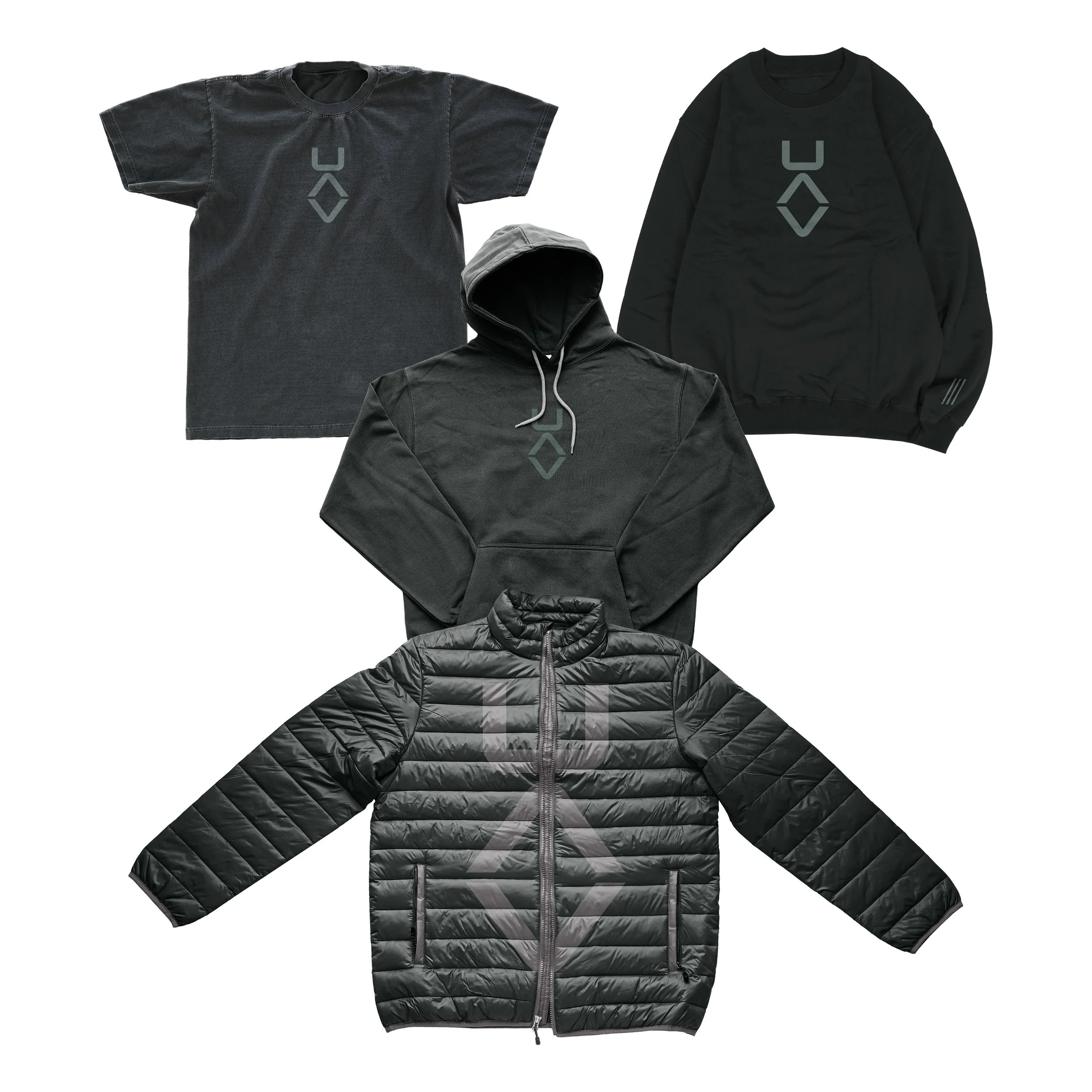 Set of four black and gray clothing items including a t-shirt, sweatshirt, hoodie, and puffer jacket, all with a geometric logo on the front.