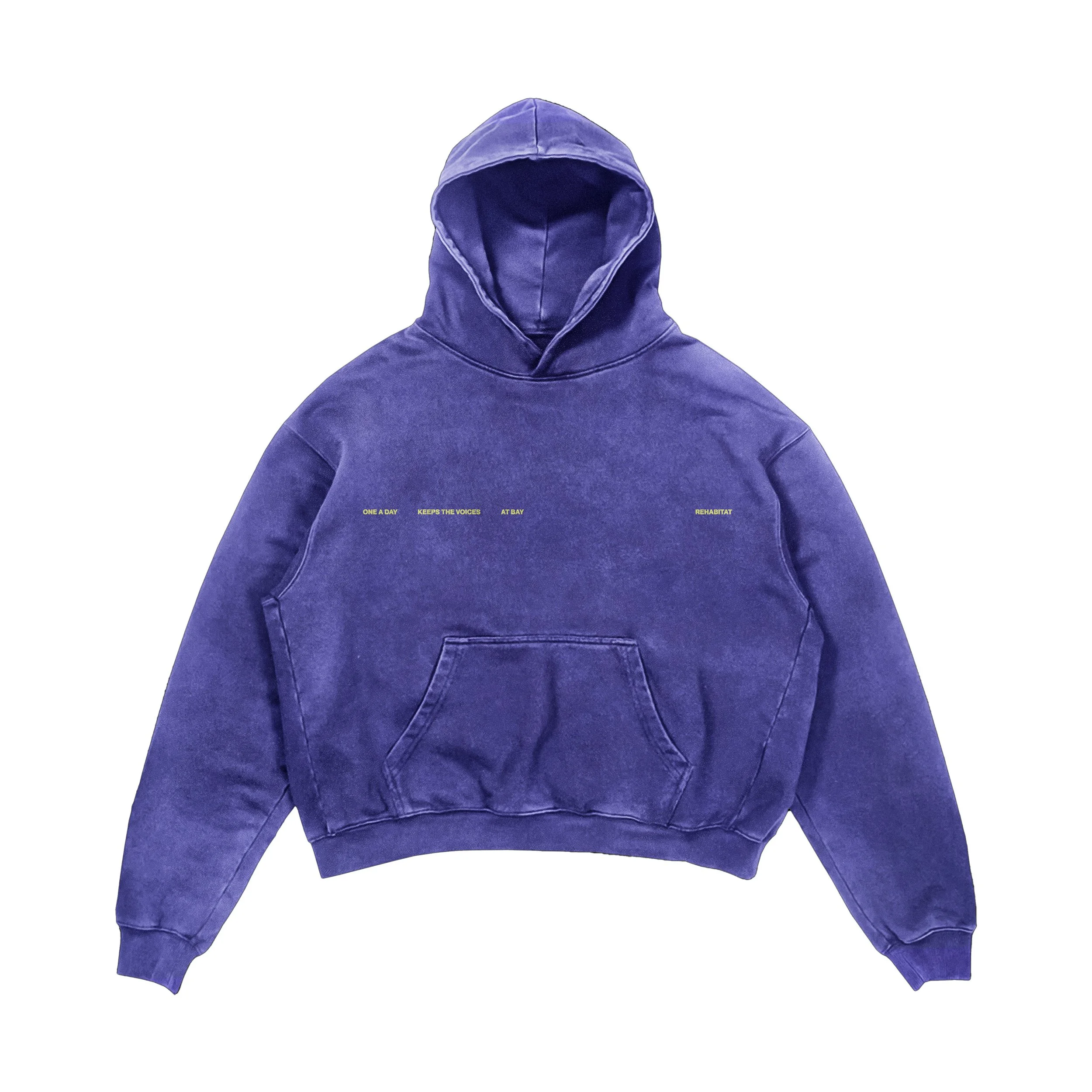 A purple hoodie sweatshirt with yellow text on the front reading 'One A Day Keeps The Voices At Bay Rehabilitation'.
