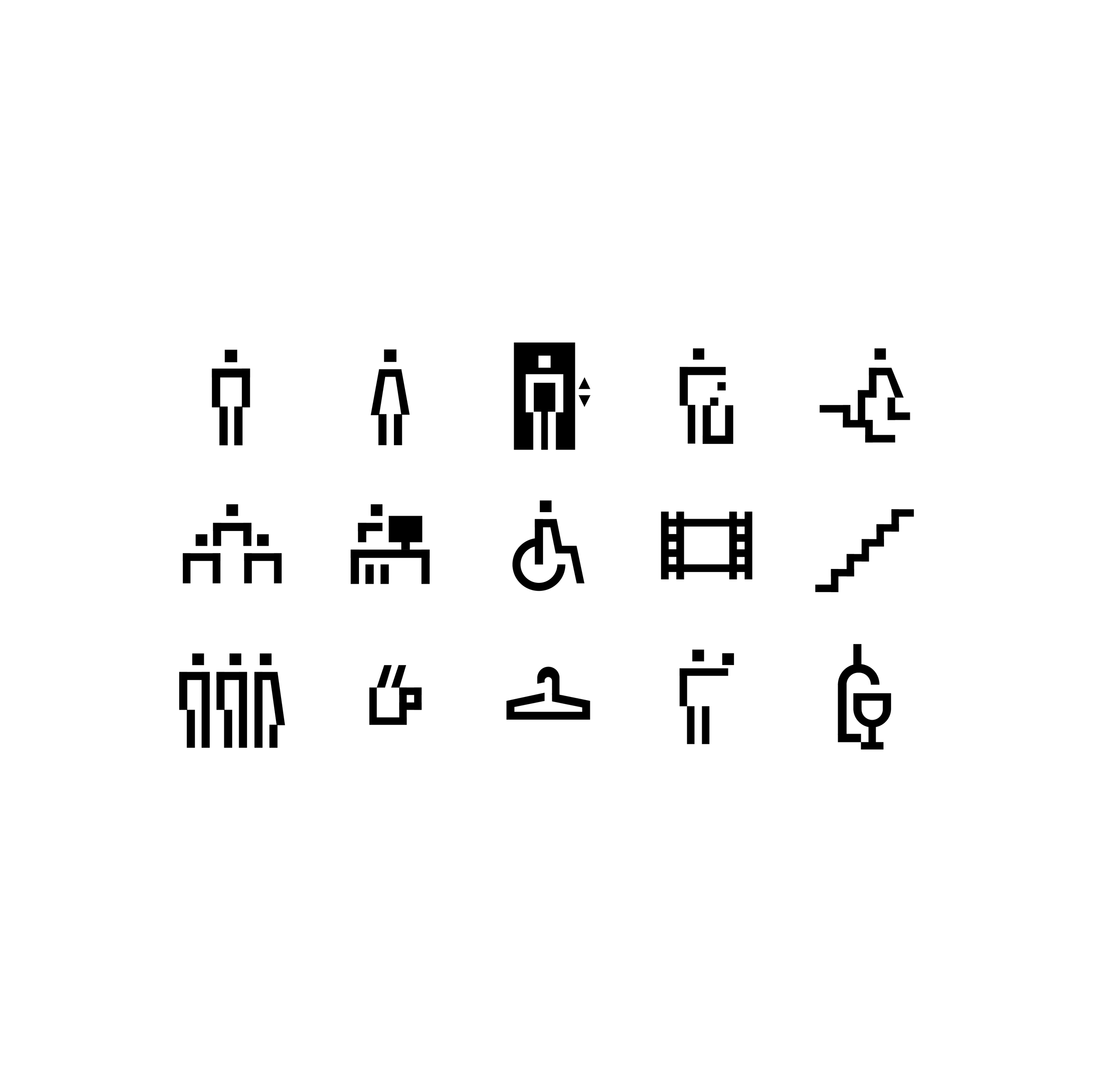 A series of black pixel art-style icons of different people, including a woman, a man, a person with a wheelchair, and others, arranged in rows.