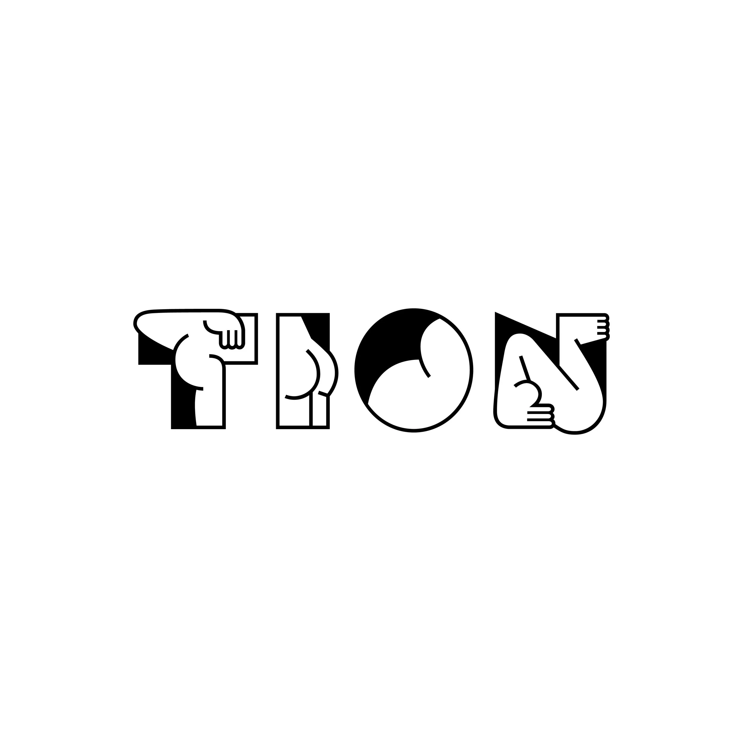 Black and white cartoon-style illustration spelling out "ONE" with each letter containing a finger pointing in different directions.