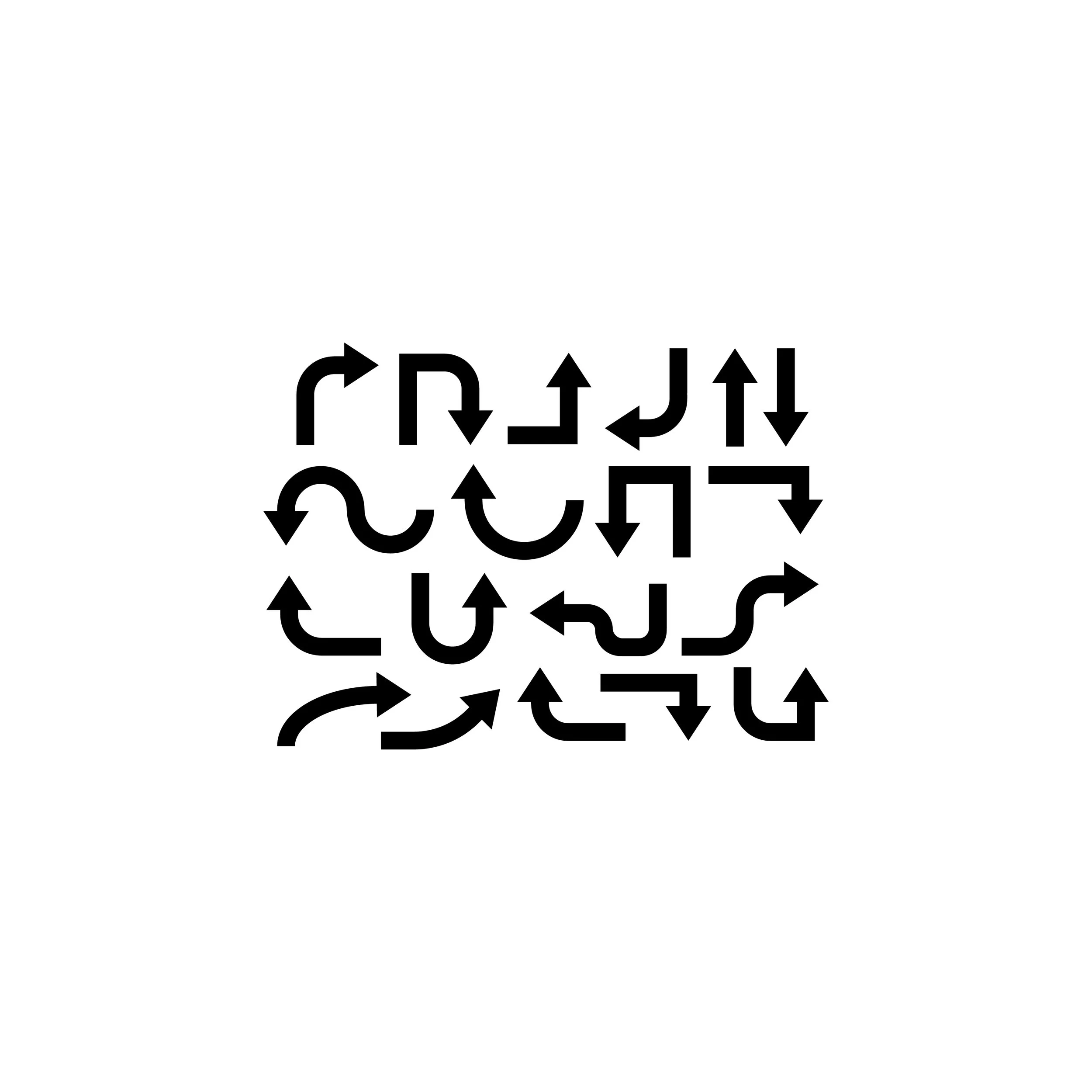 Black text with arrows, displaying directions and symbols for navigation.
