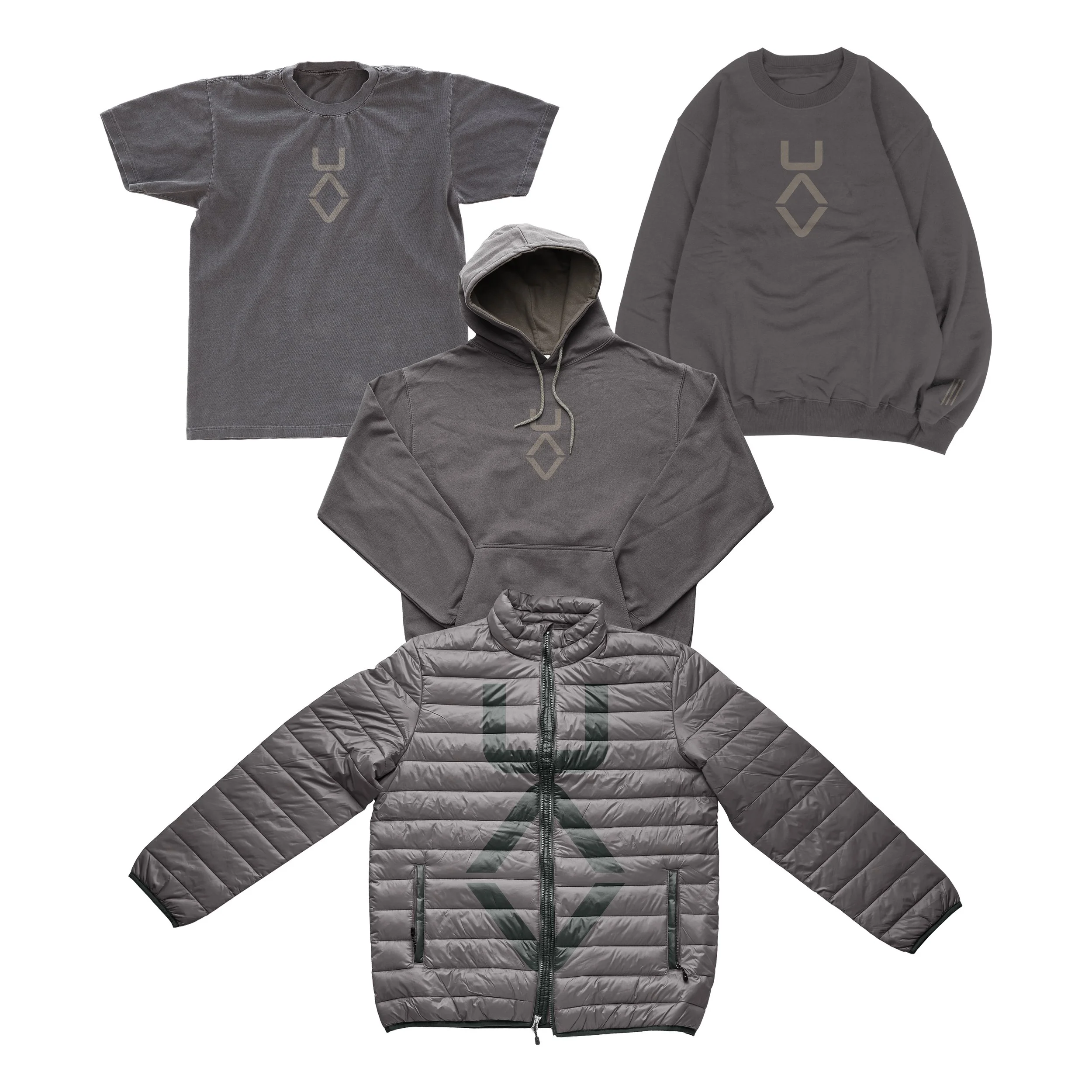 A collection of four gray outerwear items, including a T-shirt, sweatshirt, hoodie, and puffer jacket, each with a logo on the front.