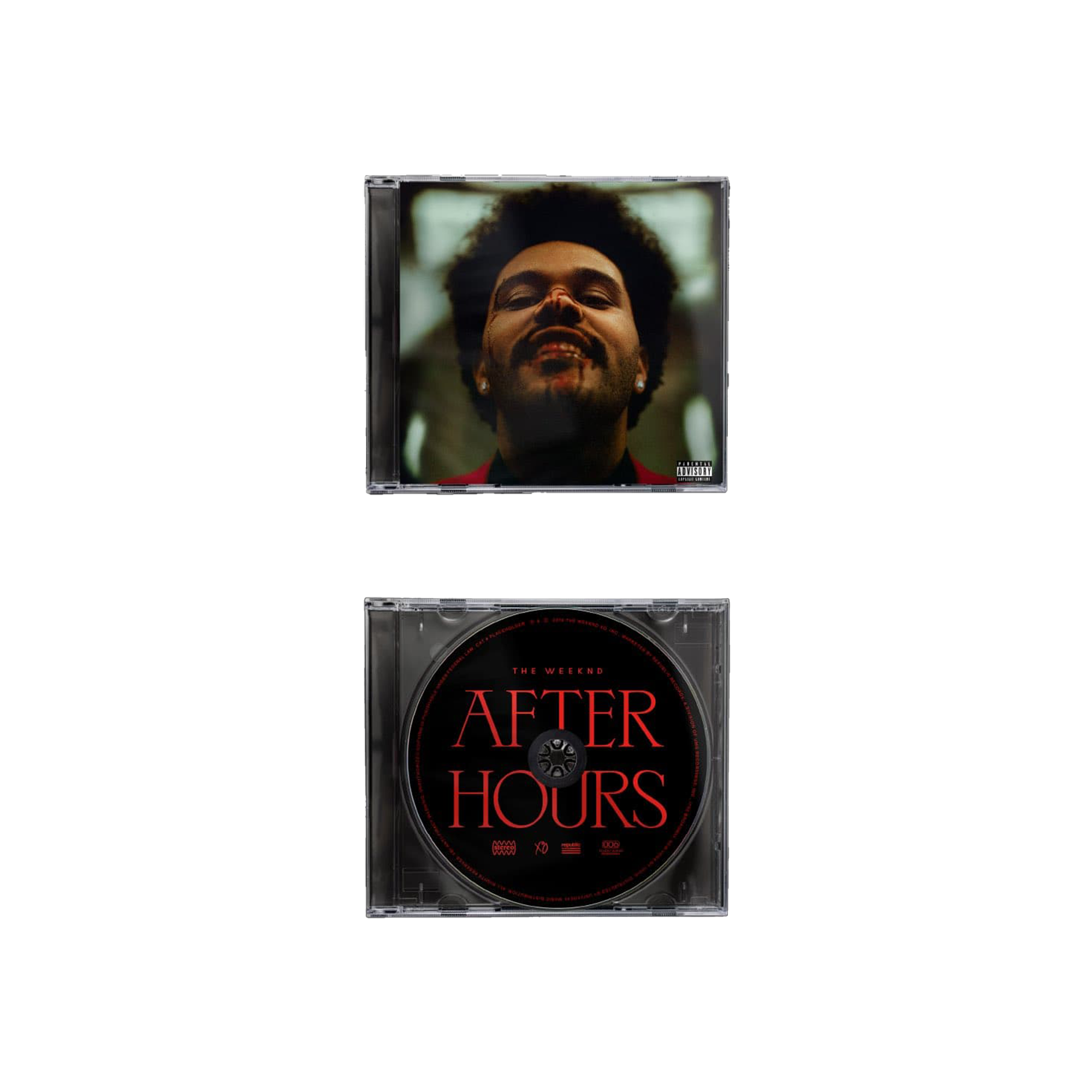 CD case of The Weeknd's album 'After Hours'. The cover features a close-up photo of a person with dark, curly hair, looking slightly upward, with a blurred background.