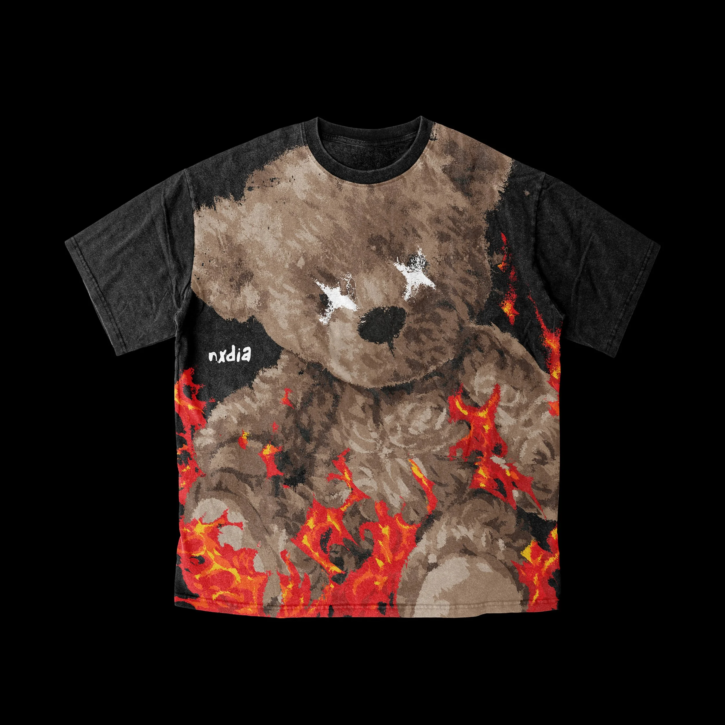 A t-shirt with a graphic design featuring black and red volcanic eruption imagery on a brown and black camouflage background.