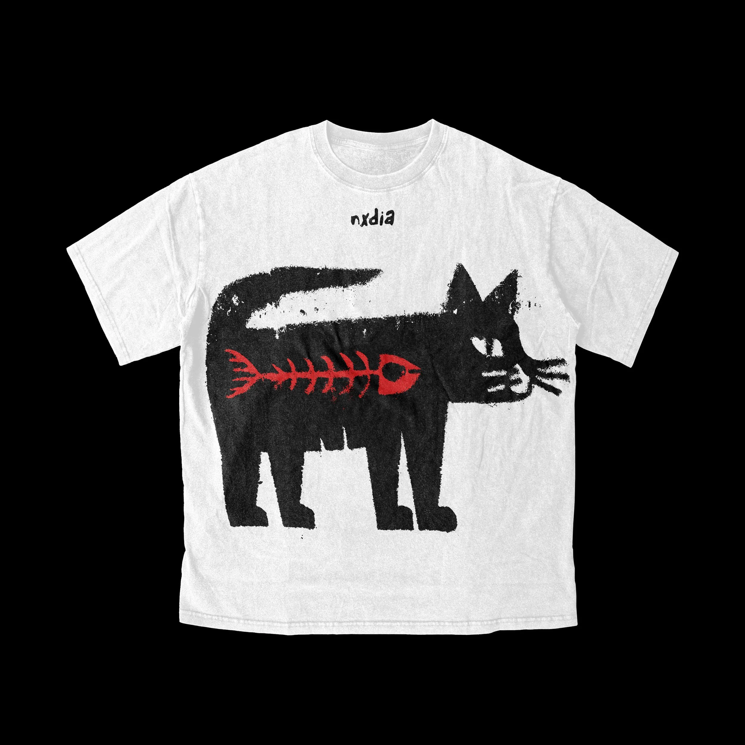 White T-shirt with a black and red graphic design and the word 'axdia' printed at the top.