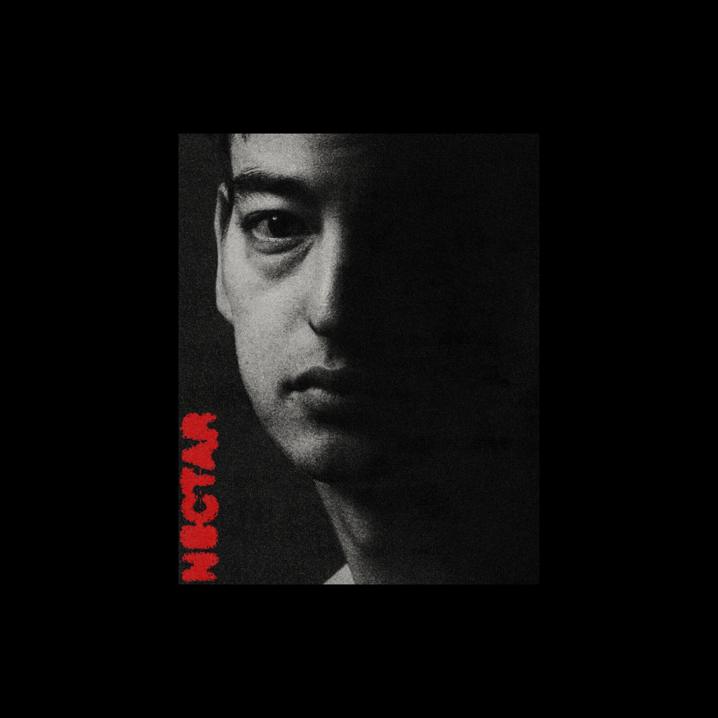 Black and white close-up of a person's face showing only their right eye, eyebrow, part of the nose, and part of the mouth, with a dark background and red text partially visible along the left side.