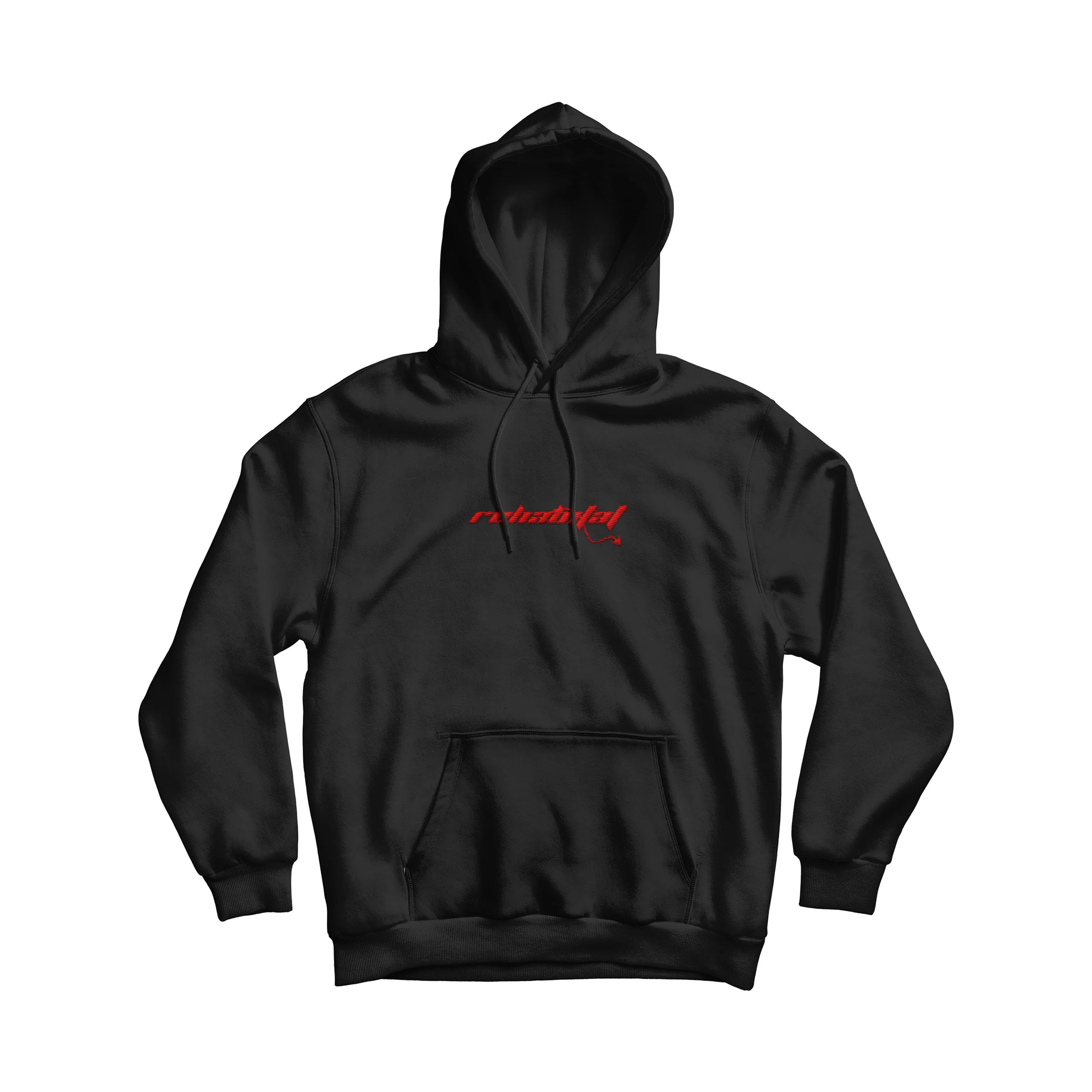Black hooded sweatshirt with red embroidered text.