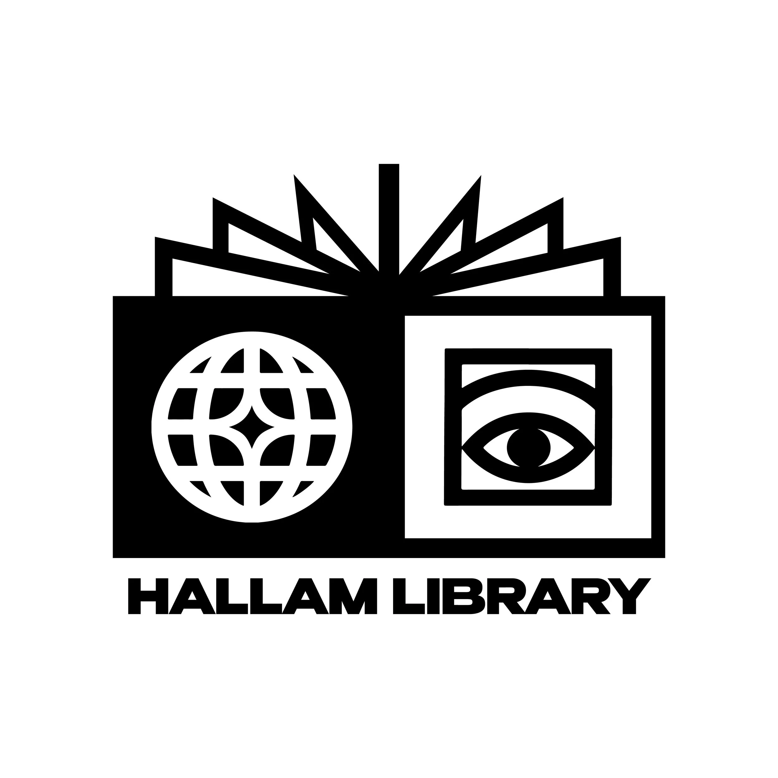 Logo of Hallam Library with stylized books and a globe icon.