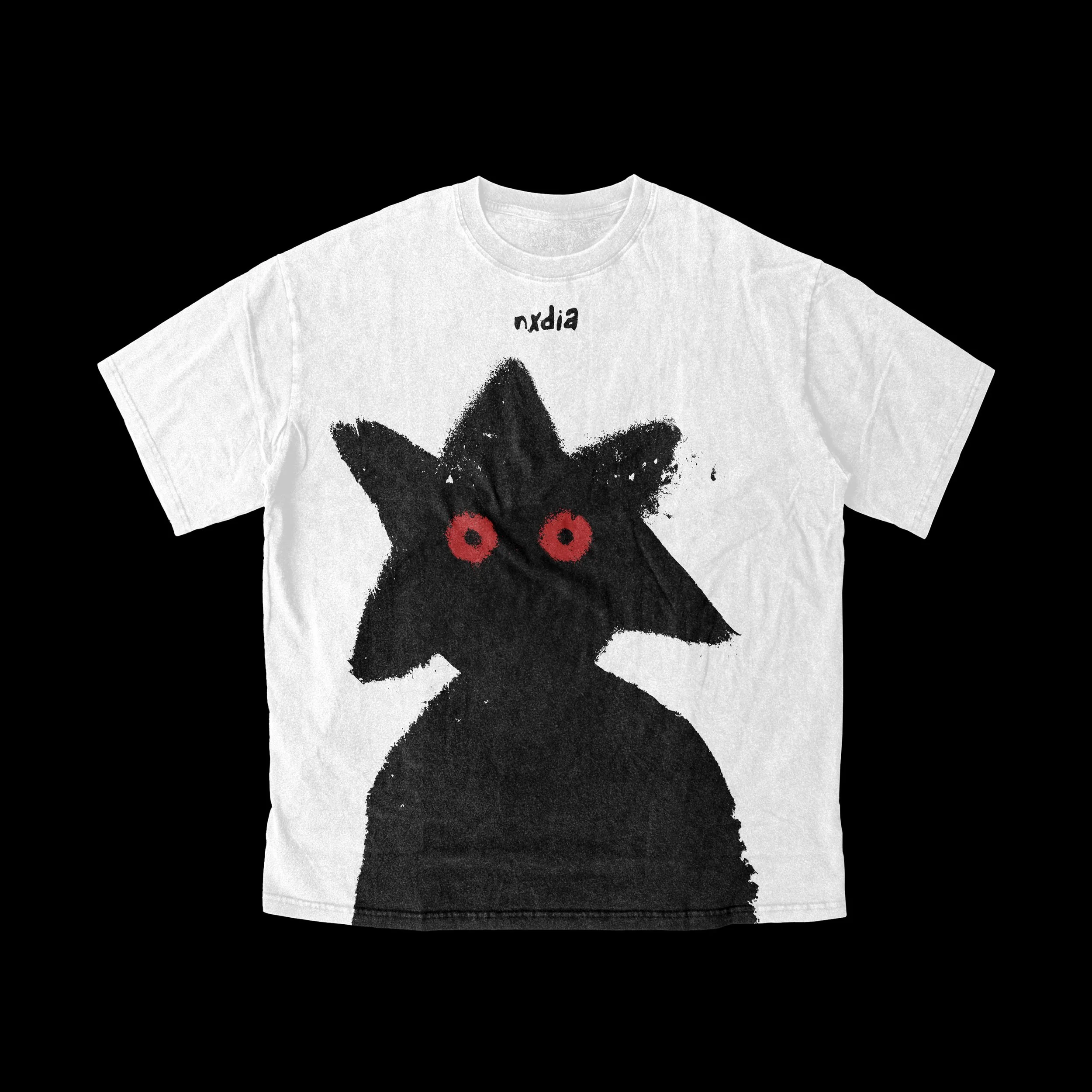 White T-shirt with a black star and red eyes graphic, and the word 'nxdia' printed above the star.