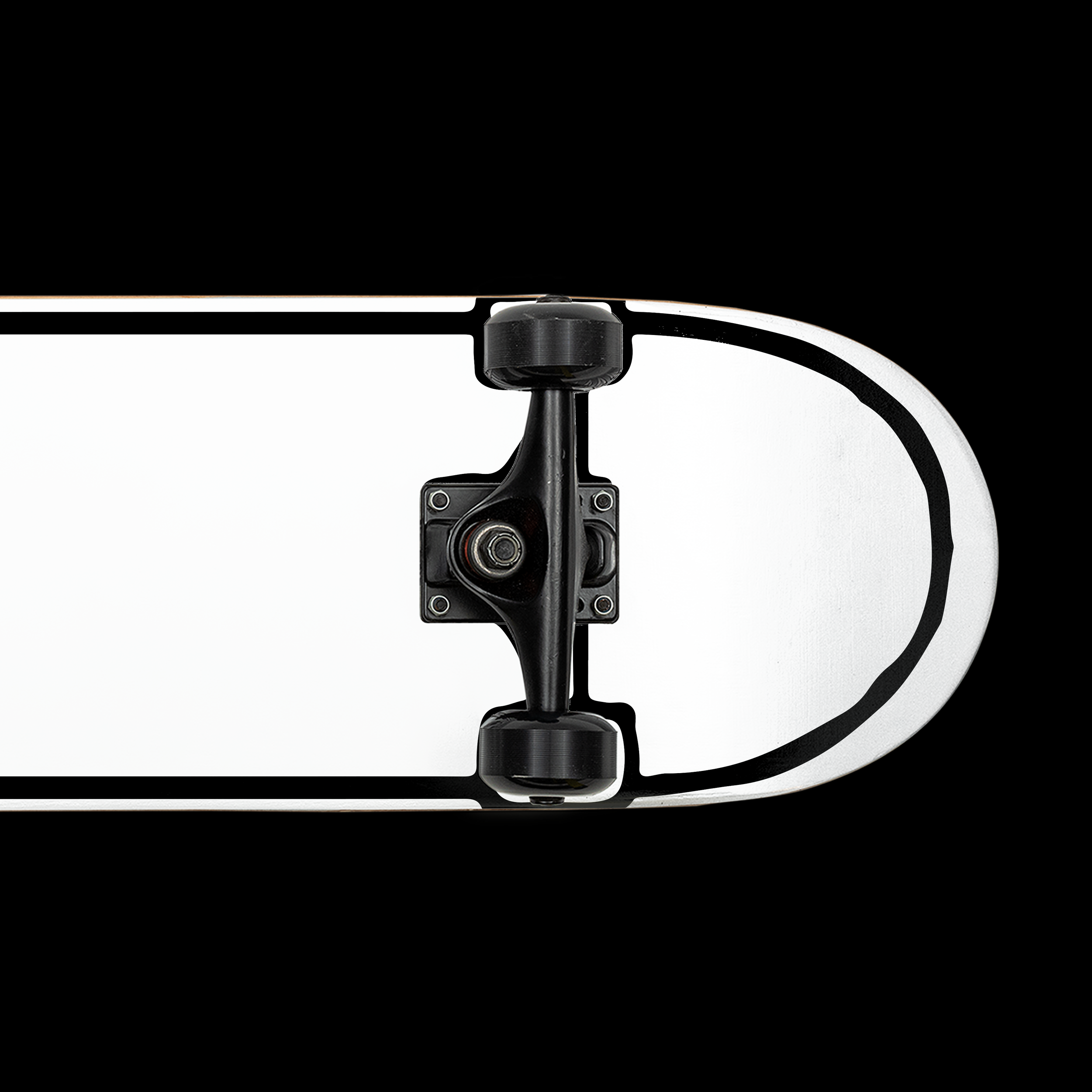 Close-up of a skateboard truck mounted beneath a skateboard deck, with white wheels and black trucks against a plain white background.