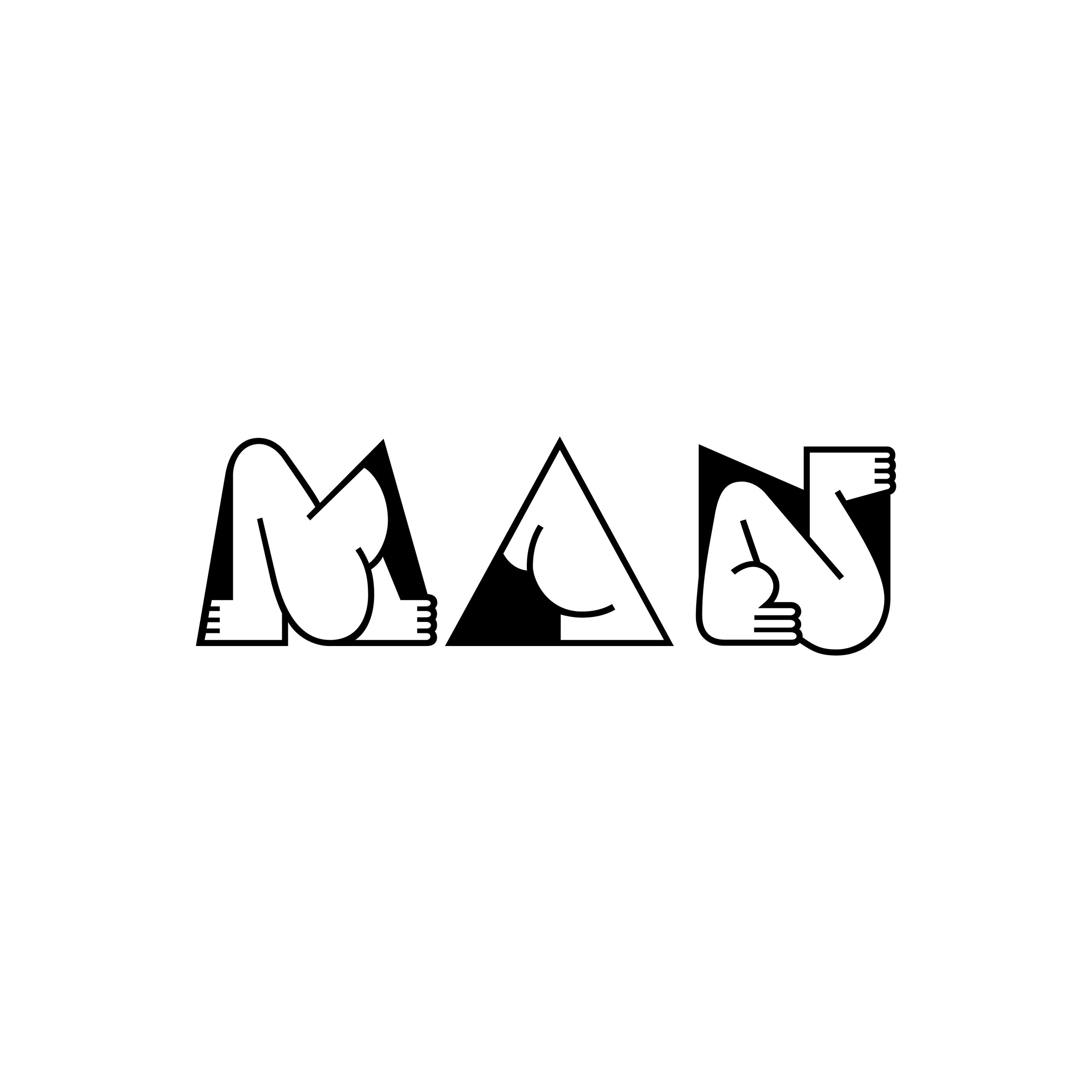 Black and white drawing of abstract shapes and letters.