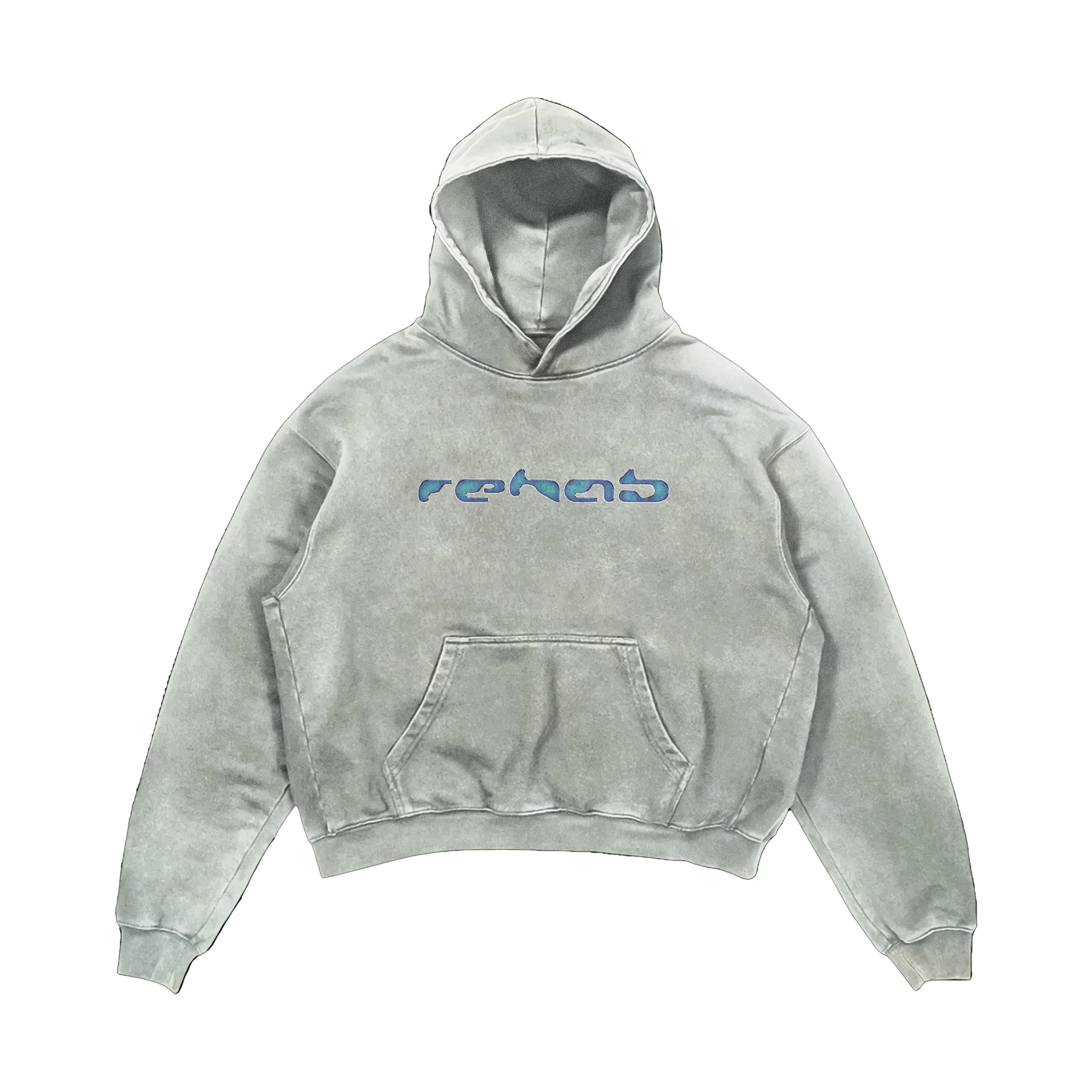 Gray hoodie with blue and purple text that reads 'rehab' on the front, isolated on a white background.
