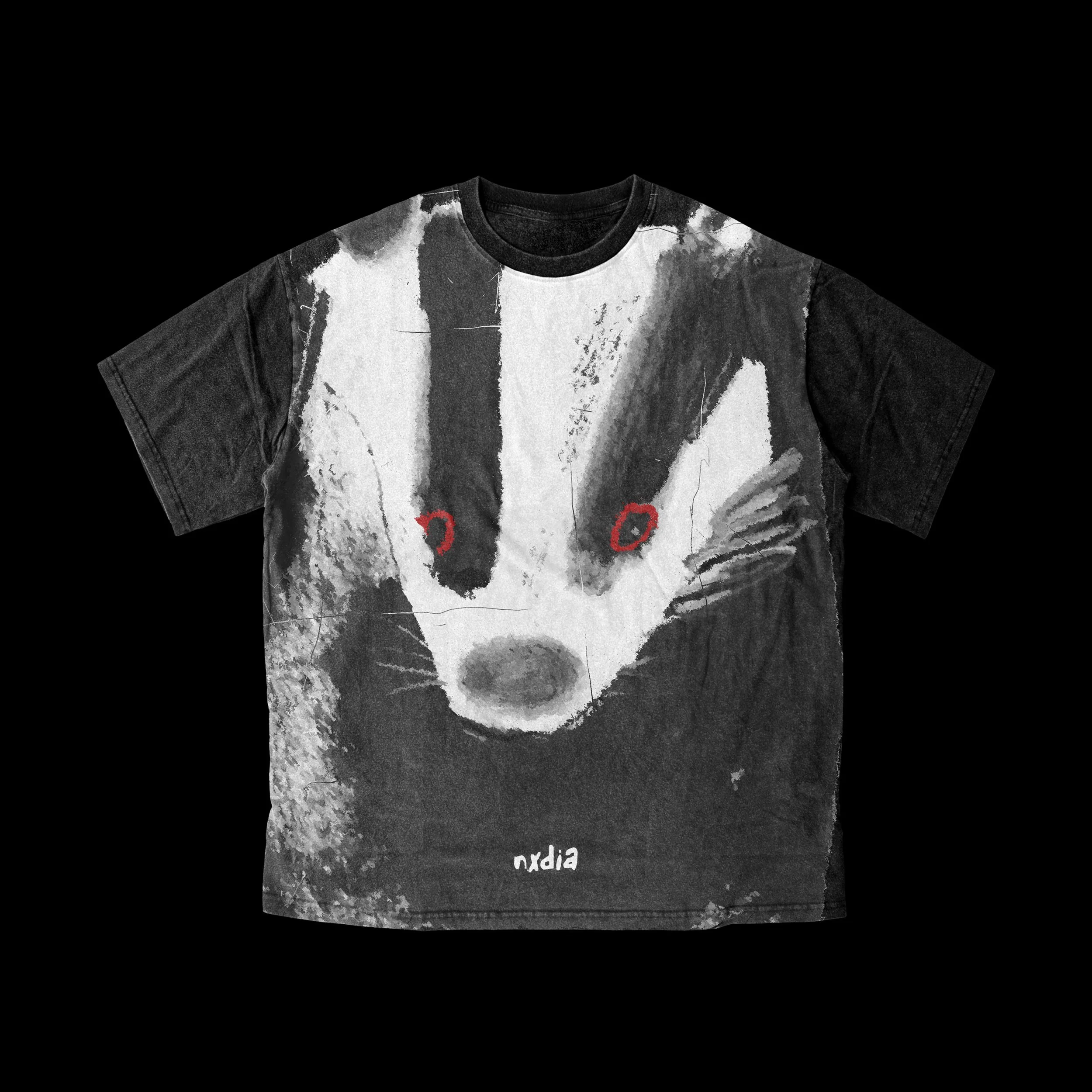A black and white graphic T-shirt with an abstract watercolor design, the word 'n.ndia' printed at the bottom, and red accents.