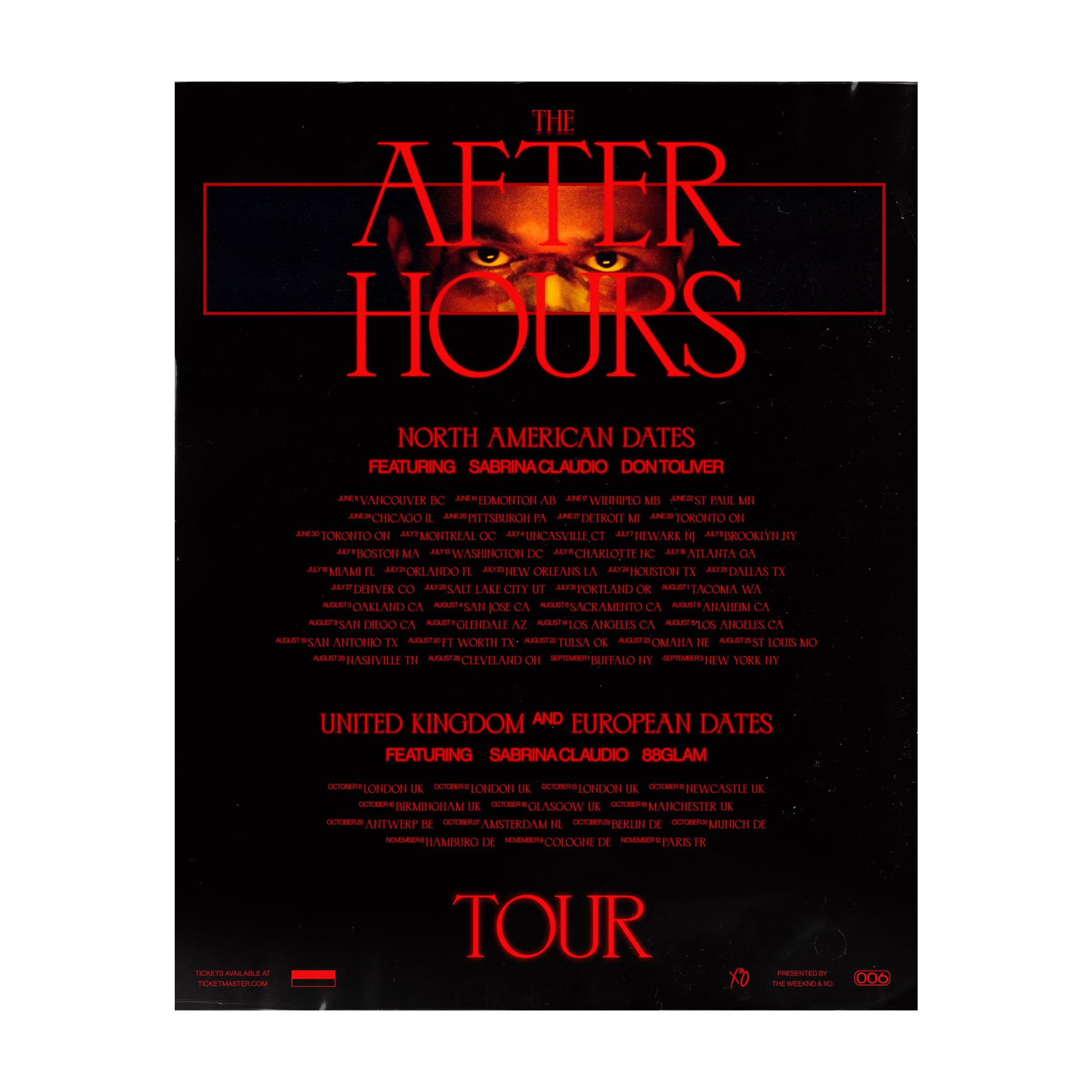 Promotional poster for The After Hours Tour featuring Sabrina Claudio and Don Toliver, with a dark background, revealing a partial face with intense eyes and red text listing tour dates across North America and Europe.