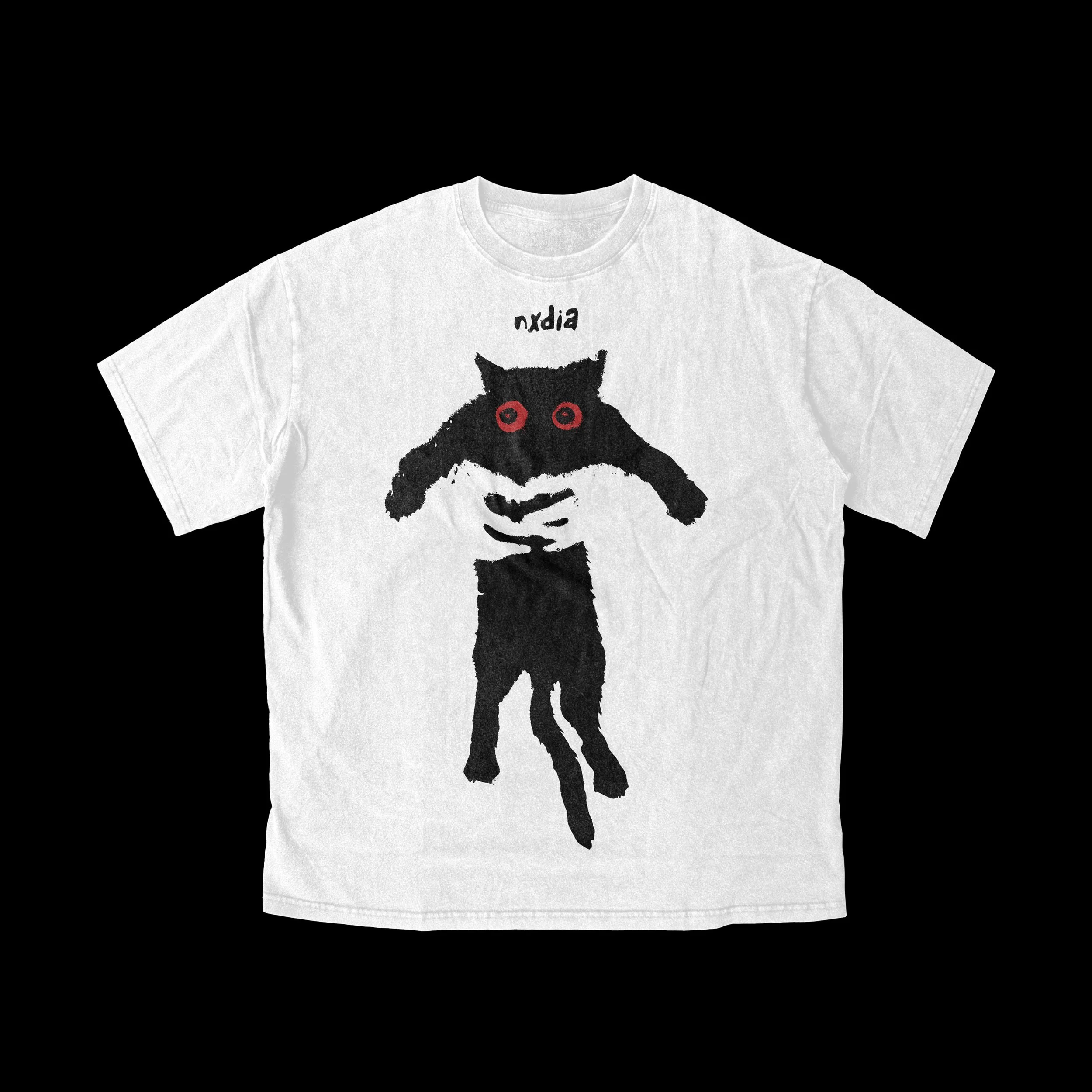 White t-shirt with a black cat graphic and the word 'ninja' above the cat