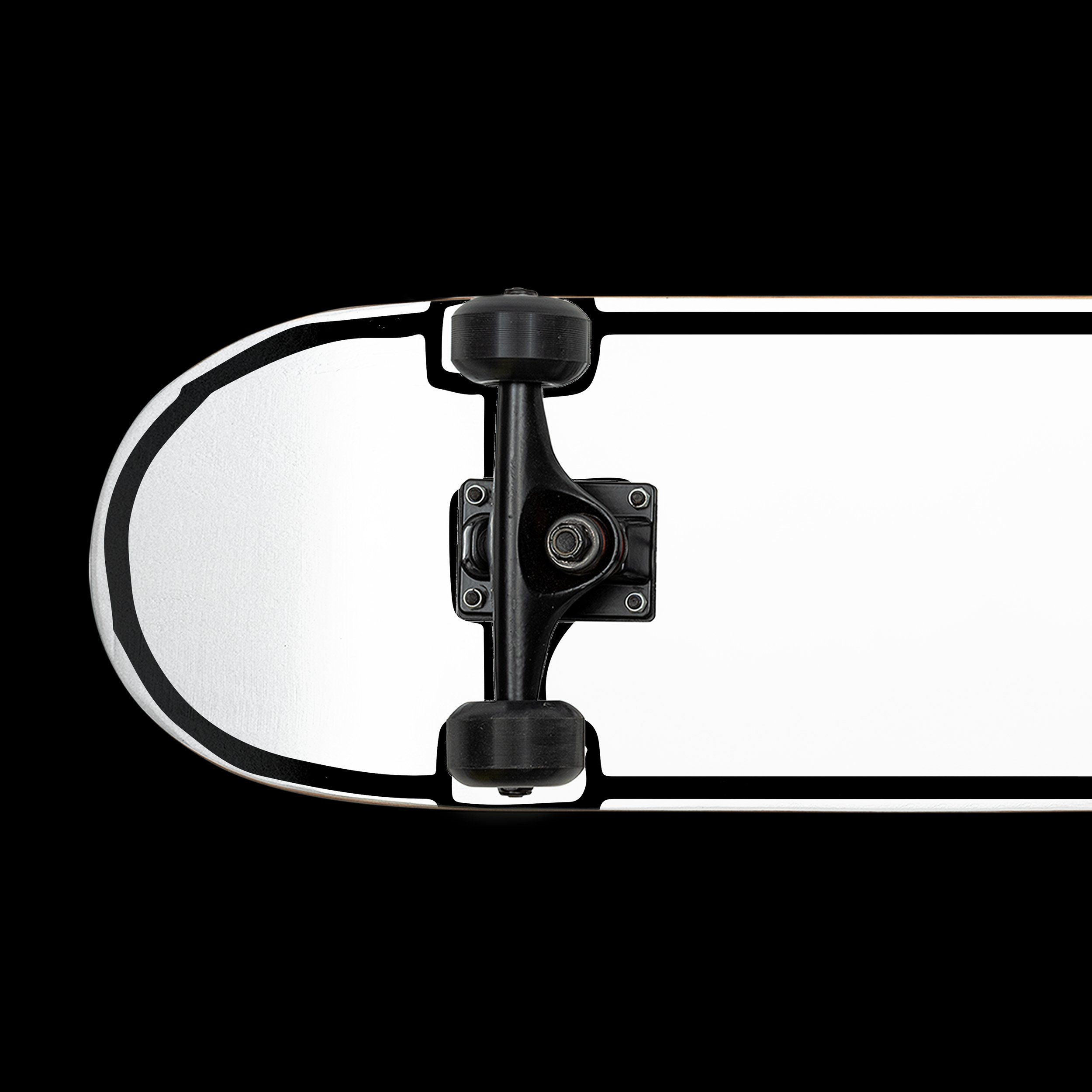 Close-up of a black skateboard truck attached to a white skateboard deck with silver hardware, against a black background.