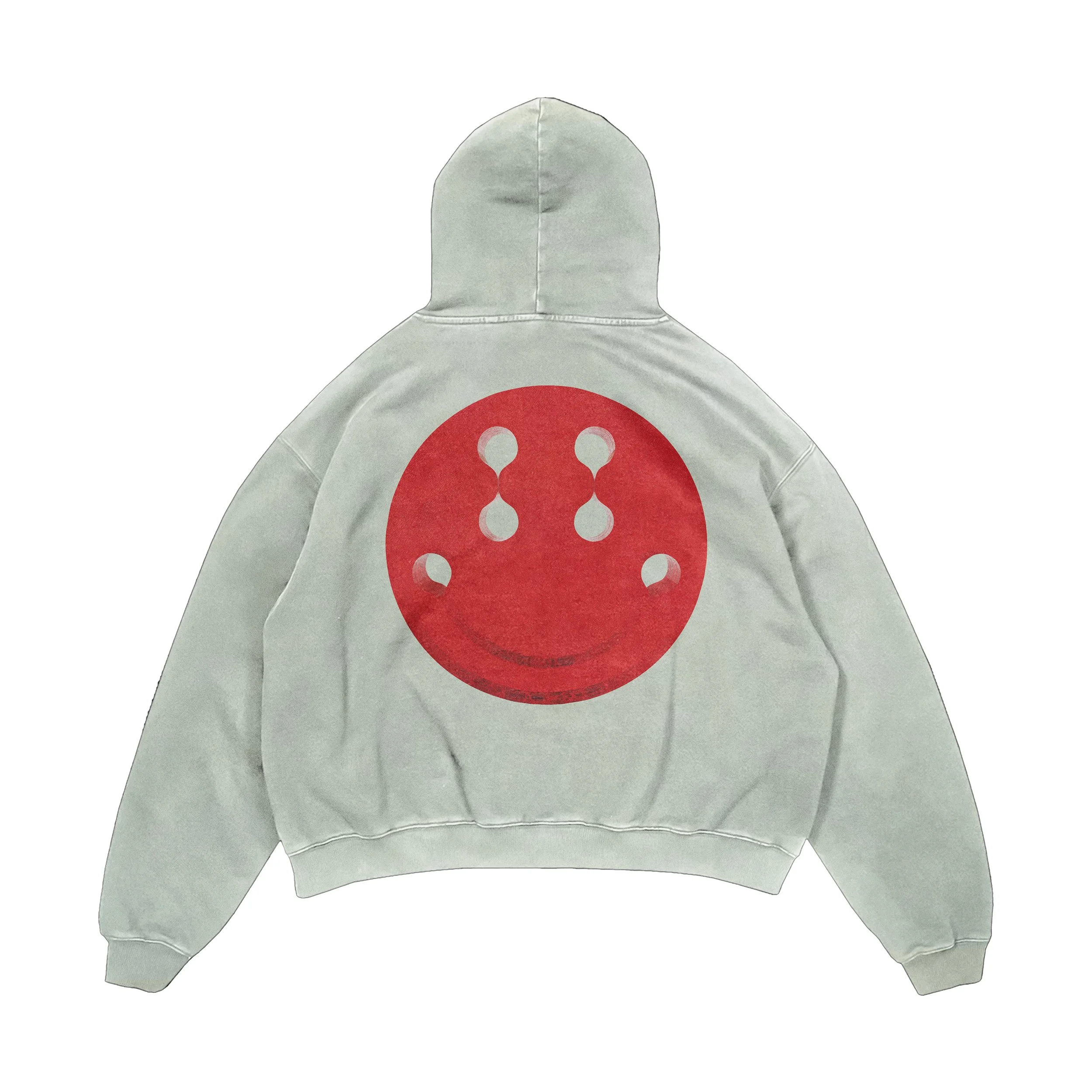 A white hoodie featuring a red circular design with white balloon-like shapes.