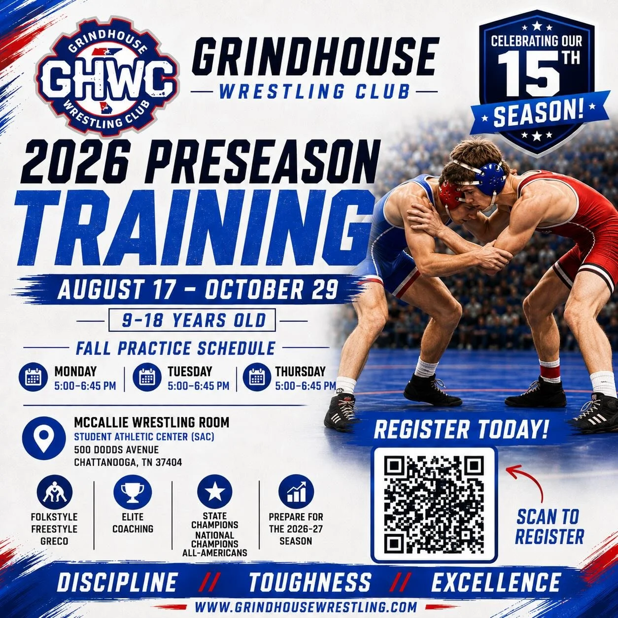 Year 15 on Deck!  Get signed up!  We start Pre Season this Monday, Aug 17 at 5:00 PM. 
#grindhousewrestling
