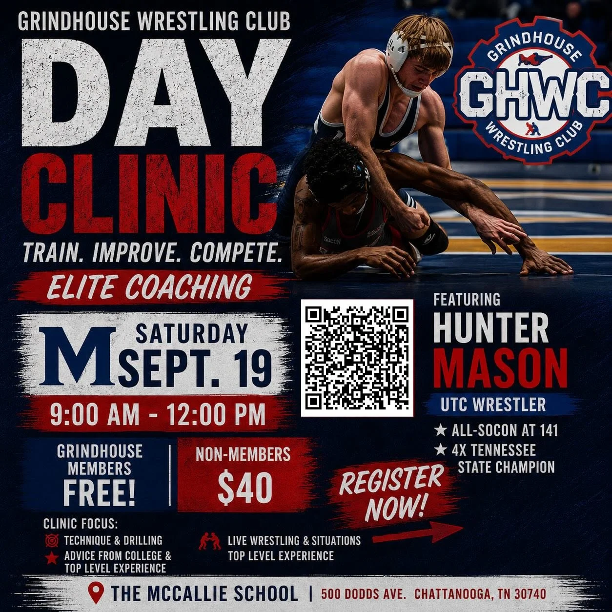 ⚡️⚙️
⚙️⚡️SATURDAY DAY CLINIC ⚡️⚙️

We&rsquo;re excited to announce our first Saturday Day Clinic on September 19th, featuring UTC wrestler @hunter._.mason!

Come get quality work, elite instruction, and a great opportunity to sharpen your skills. ⚙️

