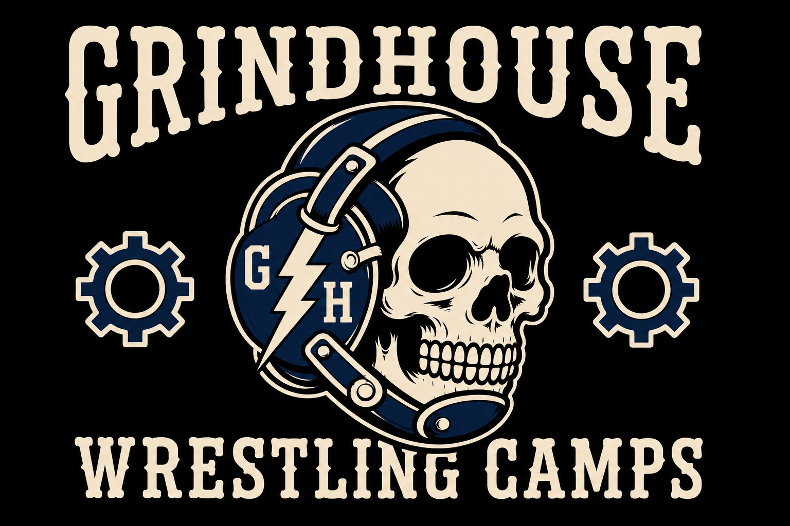 Logo for Grindhouse Wrestling Camps featuring a skull with headphones, surrounded by gears, and the text 'GRINDHOUSE' above and 'WRESTLING CAMPS' below.
