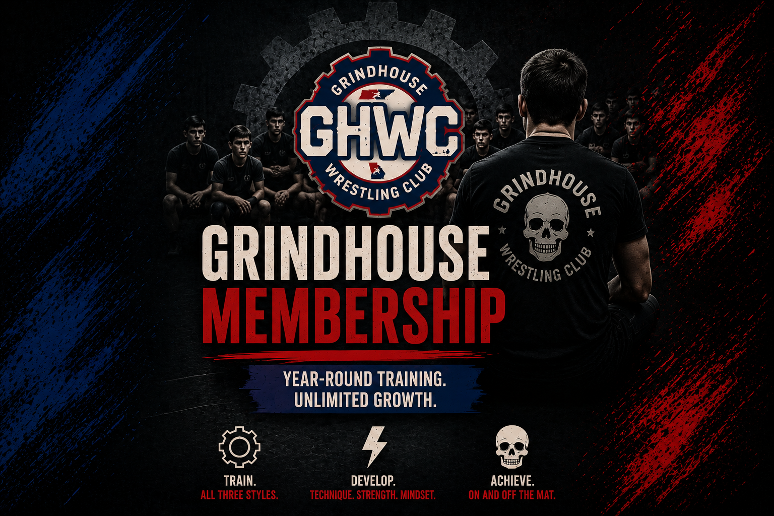 A promotional poster for Grindhouse Wrestling Club featuring a group of young wrestlers sitting on a bench and a coach or trainer sitting in front with his back to the camera. The background has a dark theme with red and blue paint splatters, and the poster highlights membership benefits such as year-round training, development, and achievement.