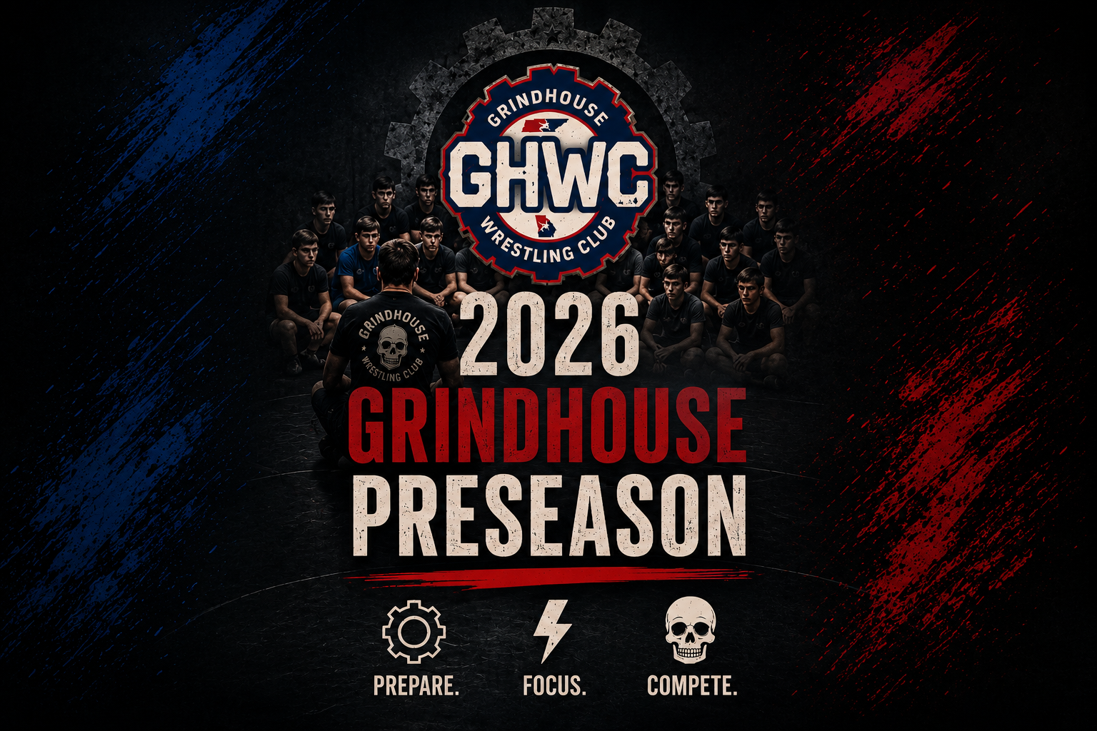 Poster for 2026 Grindhouse Wrestling Club preseason featuring a group of young wrestlers seated on the floor with one coach kneeling in front of them, background with red and blue paint streaks, and circular logo at the top.