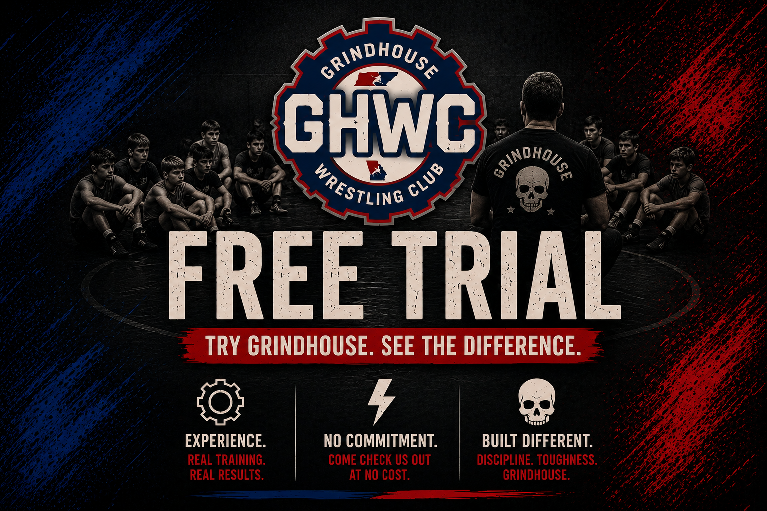 Promotional poster for Grindhouse Wrestling Club offering a free trial. Features a group of young wrestlers sitting on the floor with a coach standing in front. The poster has a dark background with red and blue accents, the club's logo at the top, and text promoting experience, no commitment, and discipline.