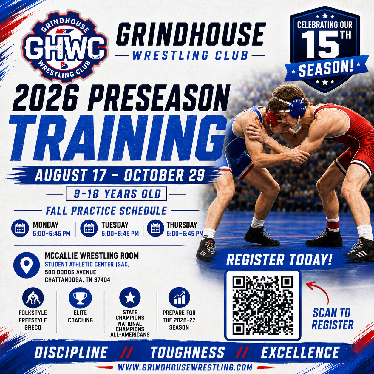 Poster advertising the Grindhouse Wrestling Club 2026 preseason training, from August 17 to October 29, for ages 9-18. Features two wrestlers in a match, details about the schedule, location at McCallie Wrestling Room, and a QR code for registration. Highlights discipline, toughness, and excellence.
