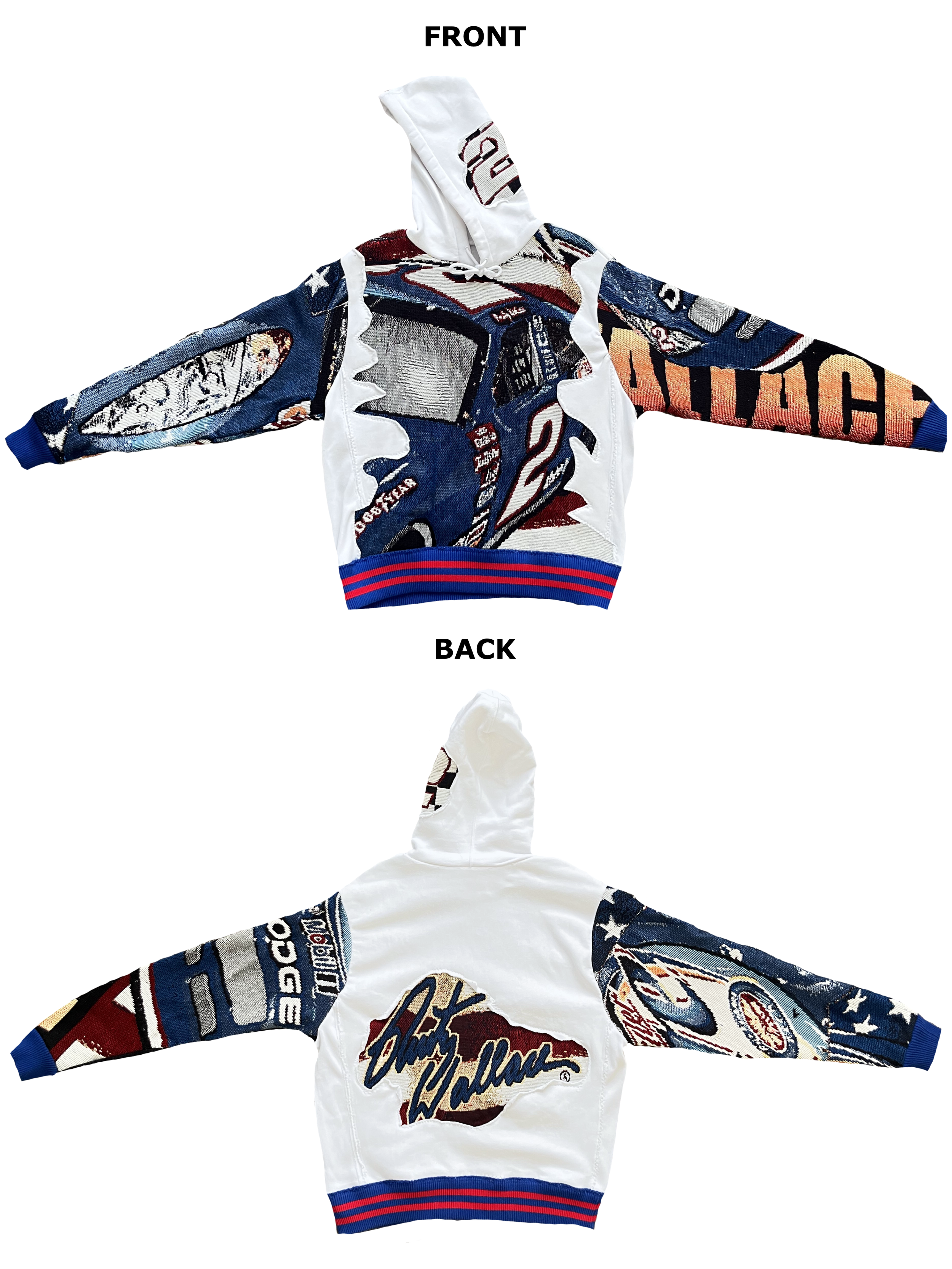 A vintage hockey jersey with patriotic and NASCAR-themed patches, featuring a white hood, red and blue striped cuffs, and a large signature on the front.