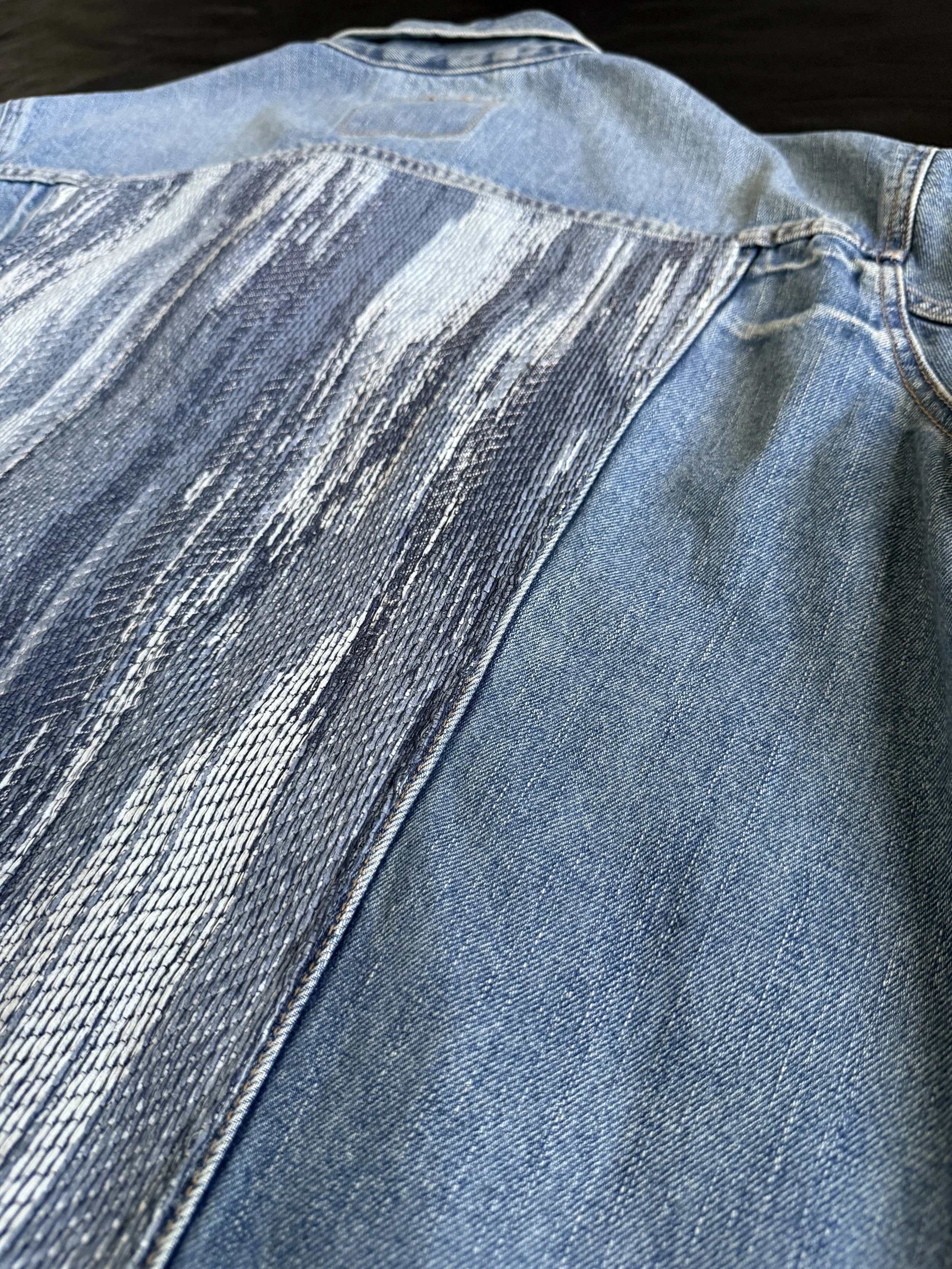 Close-up of a denim jacket with decorative stitching on the back.