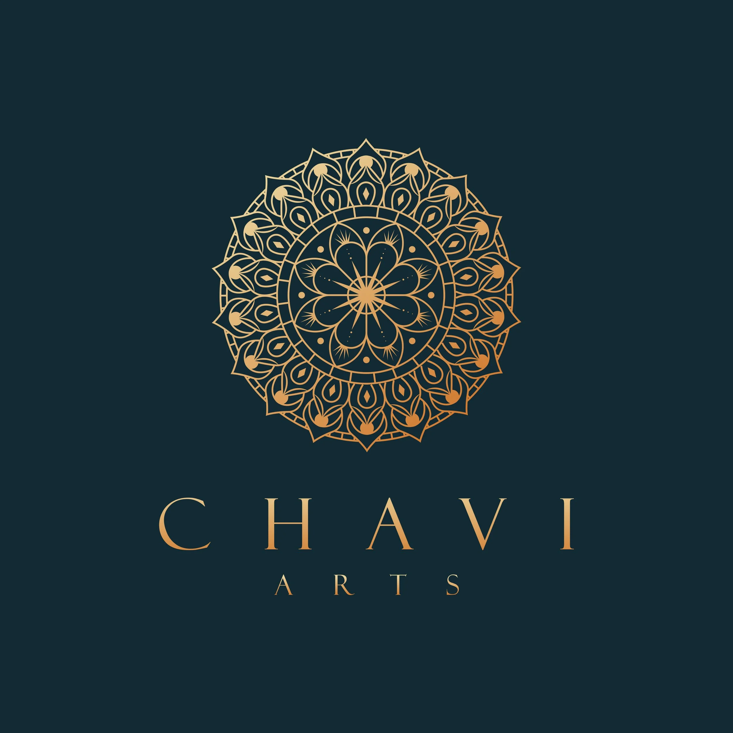 Elegant gold ornate logo design for CHAVI ARTS LLC on a dark blue background.