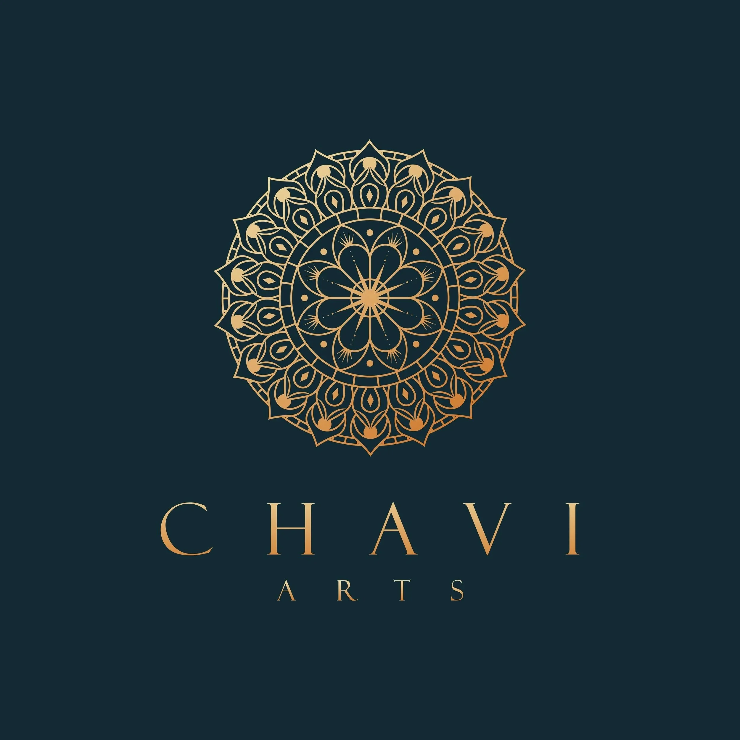 Elegant dark background with a gold intricate mandala design and the word 'Chavi' in gold letters below.