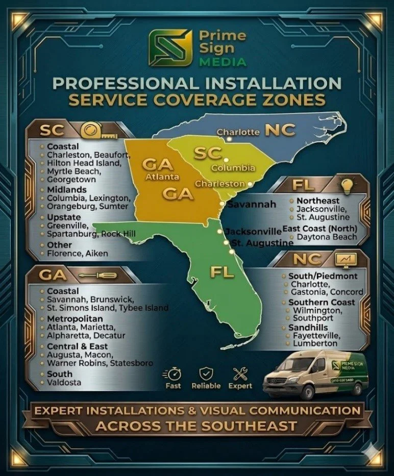 Map of the southeastern United States showing Prime Sign Media's professional installation service coverage zones, with state abbreviations and city lists, and a van at the bottom.