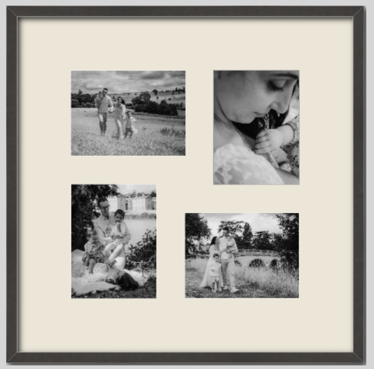 A framed collage of four black-and-white photographs of a family in outdoor settings, including a woman breastfeeding, children playing, and family walks in a park or garden.