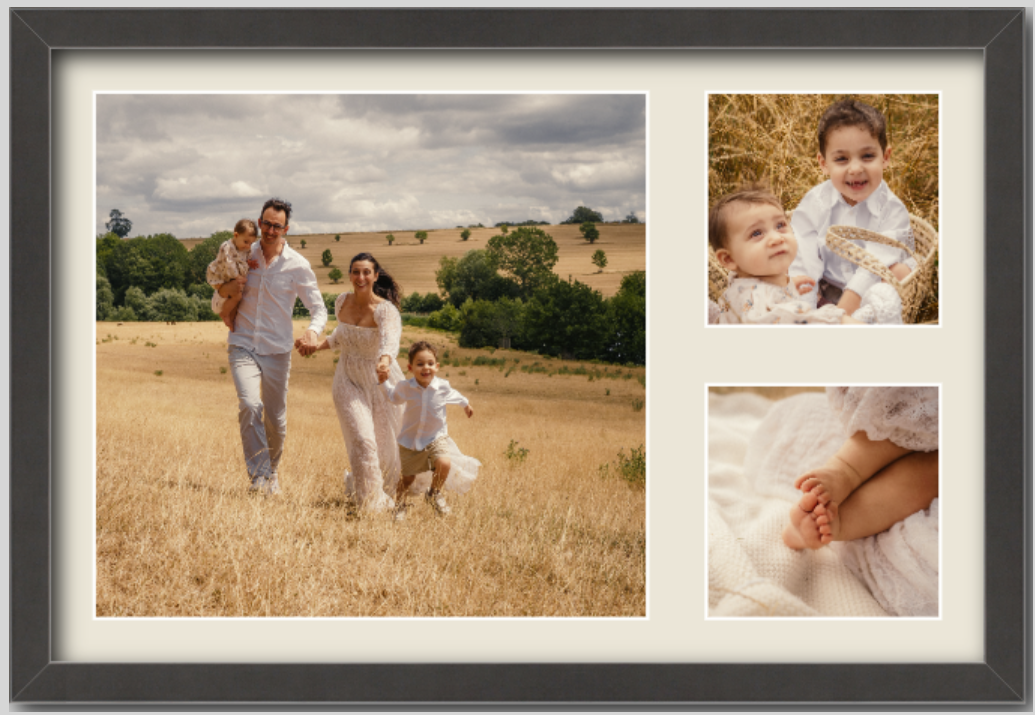 A family of four walking through a golden field with trees and hills in the background, including a man holding a toddler, a woman, and a young boy. Two smaller photos show close-ups of the children, one sitting in a basket and the other lying on a blanket.