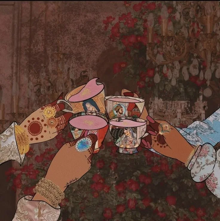 Digital illustration of four hands holding glasses for a toast over a background of red flowers and ornate decorations.