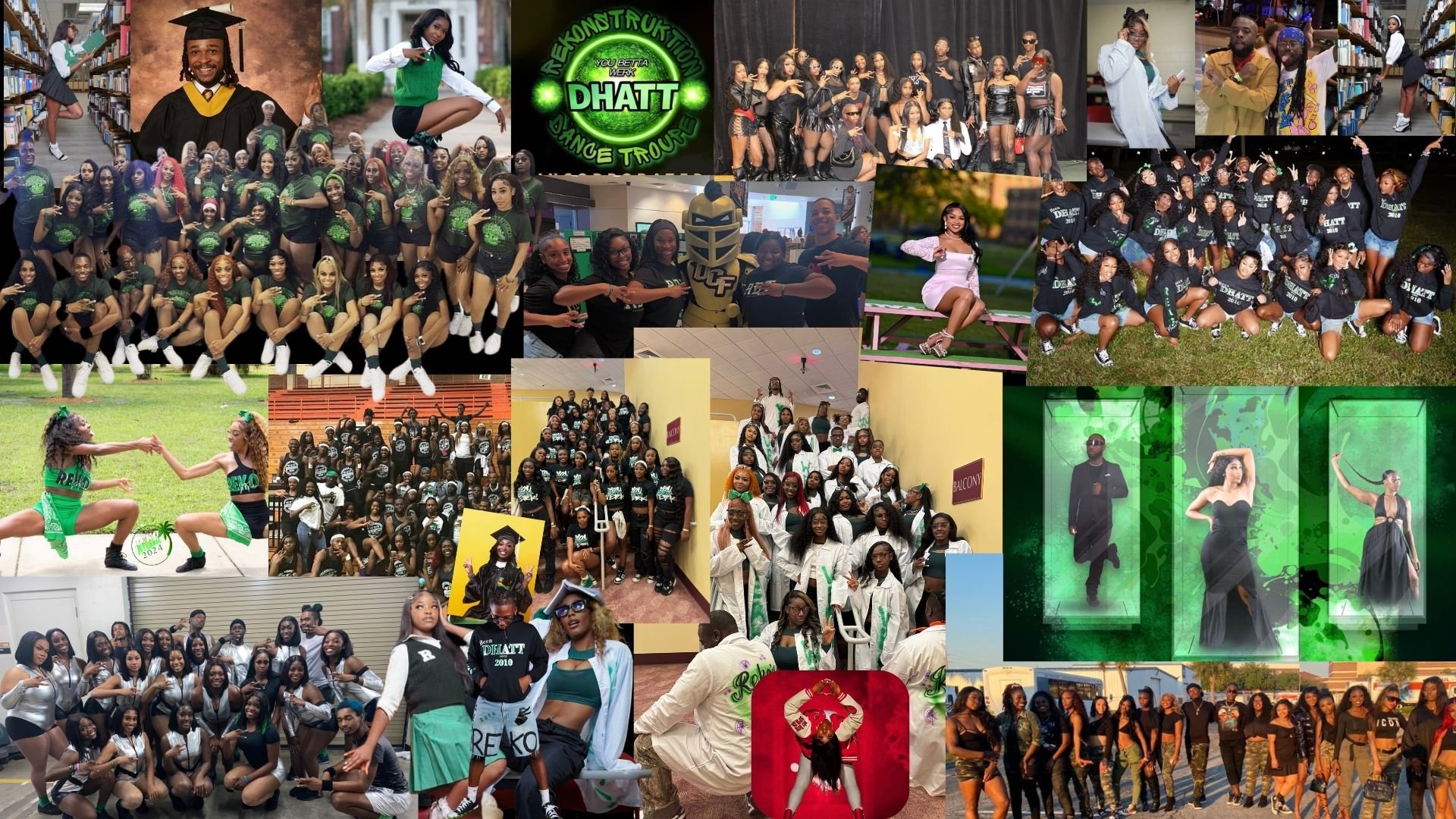 Collection of multiple images featuring groups of smiling young African American women and girls, some in coordinated outfits including black and green clothing, cheerleading uniforms, and casual wear, participating in events like school dances, cheerleading, graduation, and photoshoots in various indoor and outdoor settings.