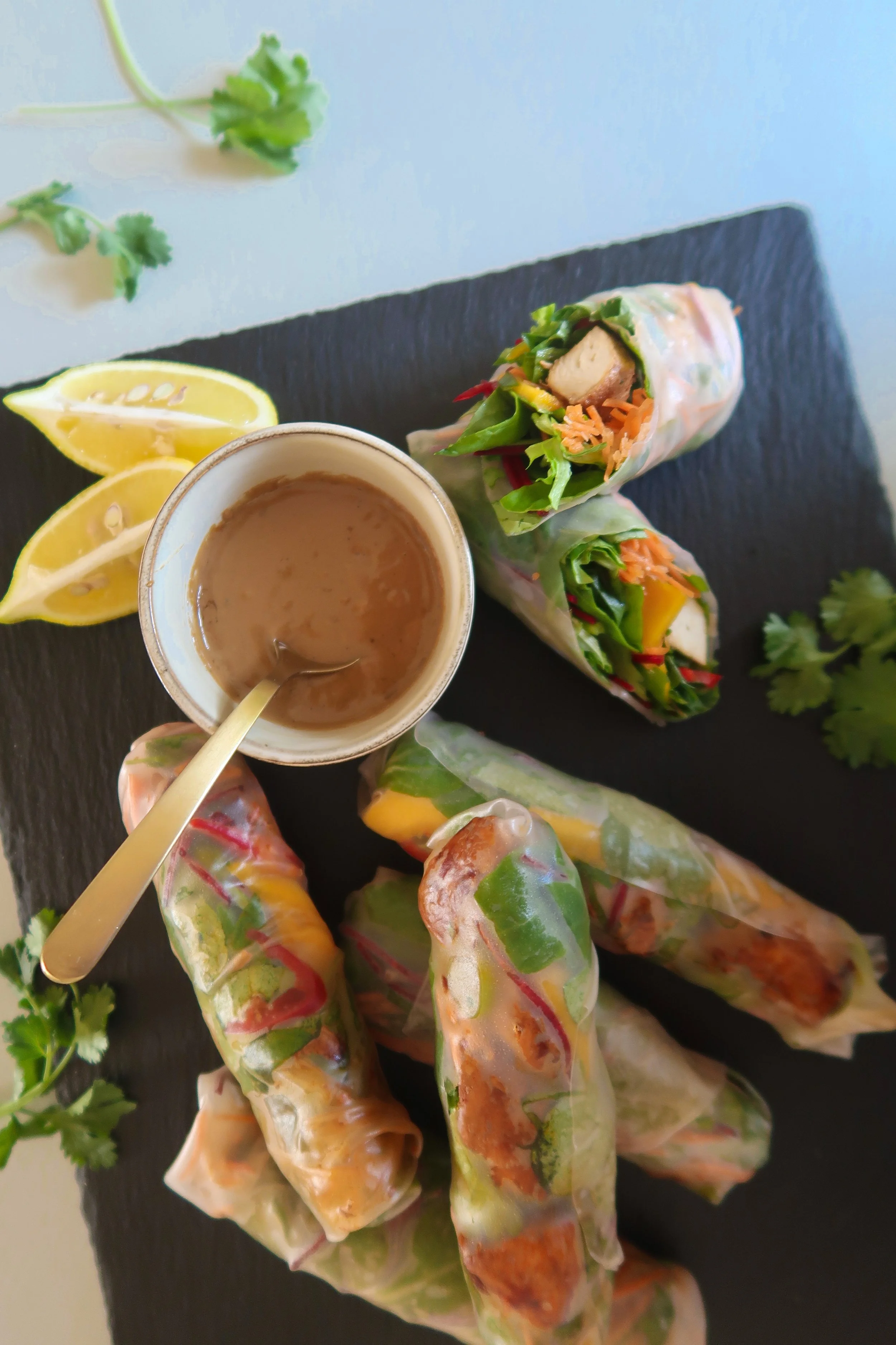 Verse springrolls met pindadip