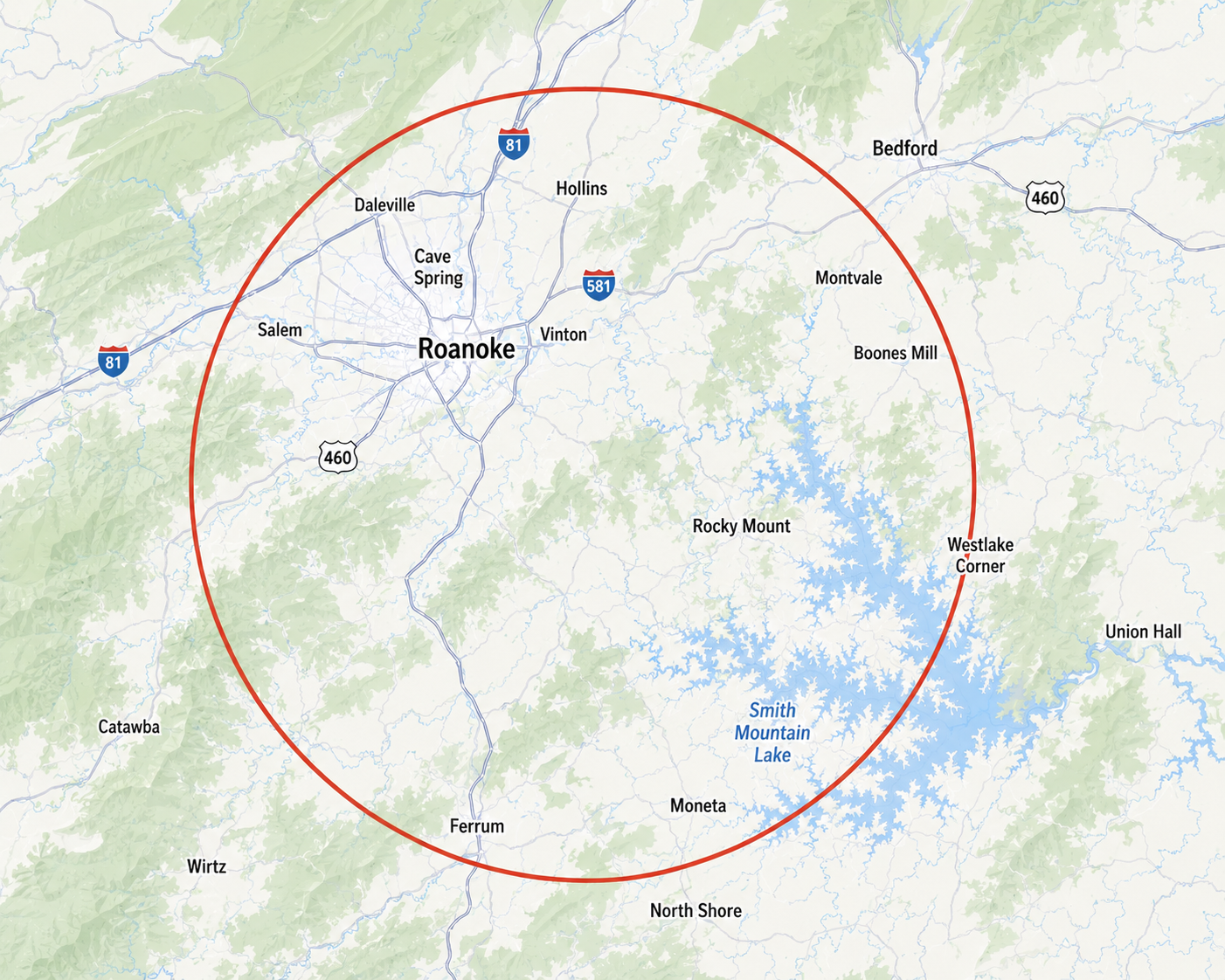 Map of Roanoke, Virginia, showing a red circle centered on the city with nearby locations, lakes, and highways in the region.