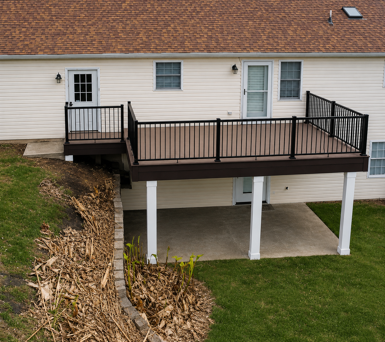 A clean and functional elevated deck featuring TimberTech AZEK decking, contrasting Kona picture framing, and a finished under-deck ceiling system designed to maximize usable outdoor living space.