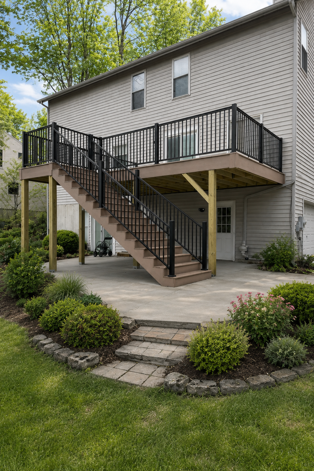 Rear view of a two-story house with a new wooden deck and black metal railing, accessible via stairs. The house has beige siding, and there are green trees and landscaped garden with bushes and flowers in the yard.
