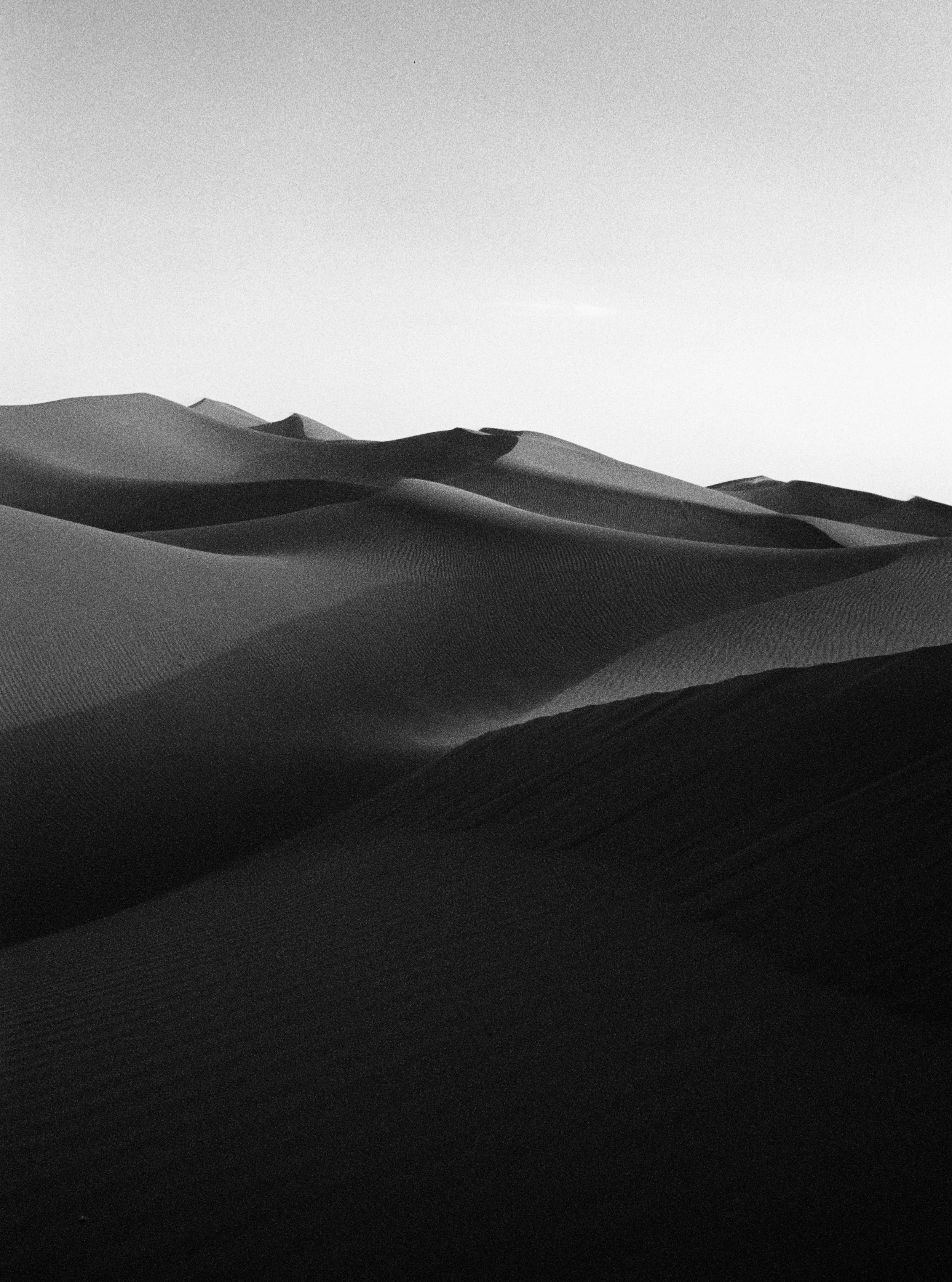 Zwart-wit foto van duinen met zachte heuvels en een heldere lucht.