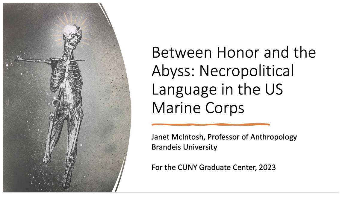 Presentation slide with title 'Between Honor and the Abyss: Necropolitical Language in the US Marine Corps' by Janet McIntosh, showing a skeletal figure with a halo on the left side.