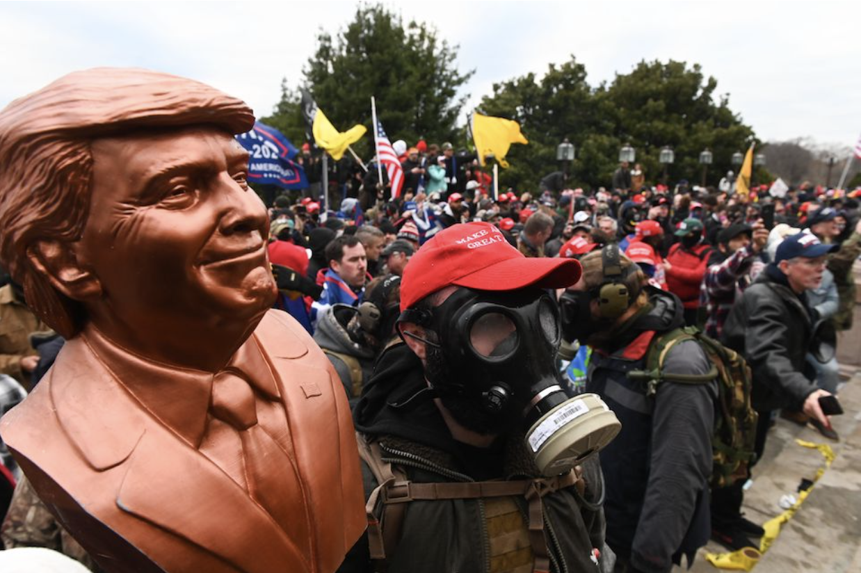 A crowd gathered outdoors with many people wearing Trump hats and masks, flags, and other political symbols, in a protest or rally setting.