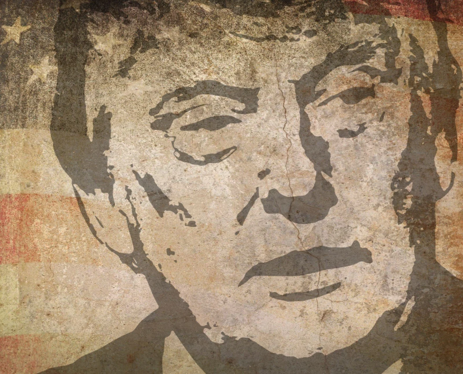 Stenciled portrait of a woman with a vintage, weathered American flag background.