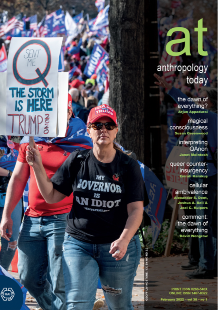 Cover of Anthropology Today, featuring a protester wearing a black shirt and red cap holding a sign at a rally or demonstration.