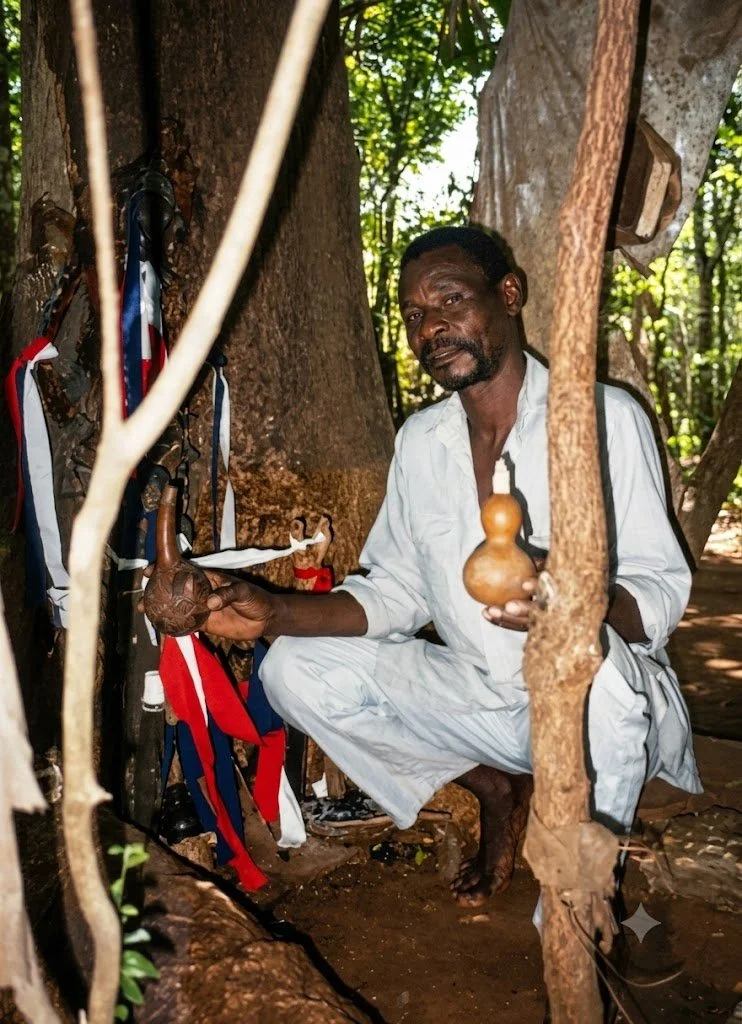 A man dressed in white traditional attire squats on the ground in a forest, holding a gourd-shaped musical instrument in one hand and a clay pipe in the other, next to a small altar with religious objects and cloth ribbons.