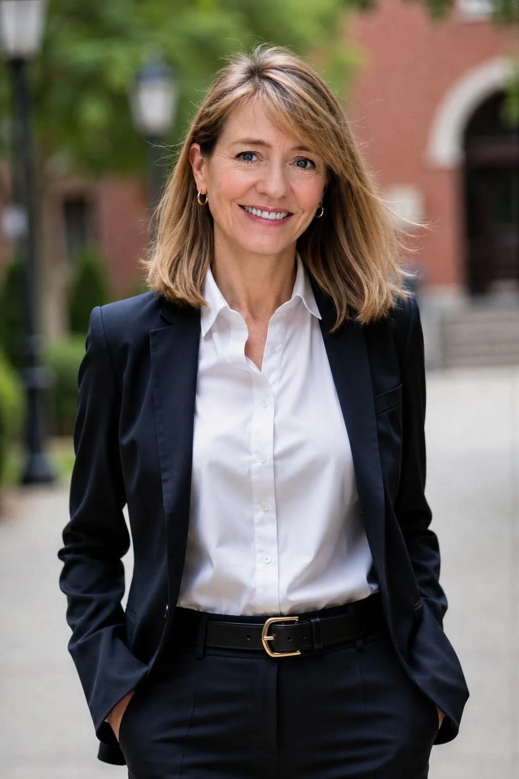 A professional woman with shoulder-length light brown hair, wearing a white-collared shirt and a dark blazer, standing outdoors with a blurred background of trees and brick buildings.