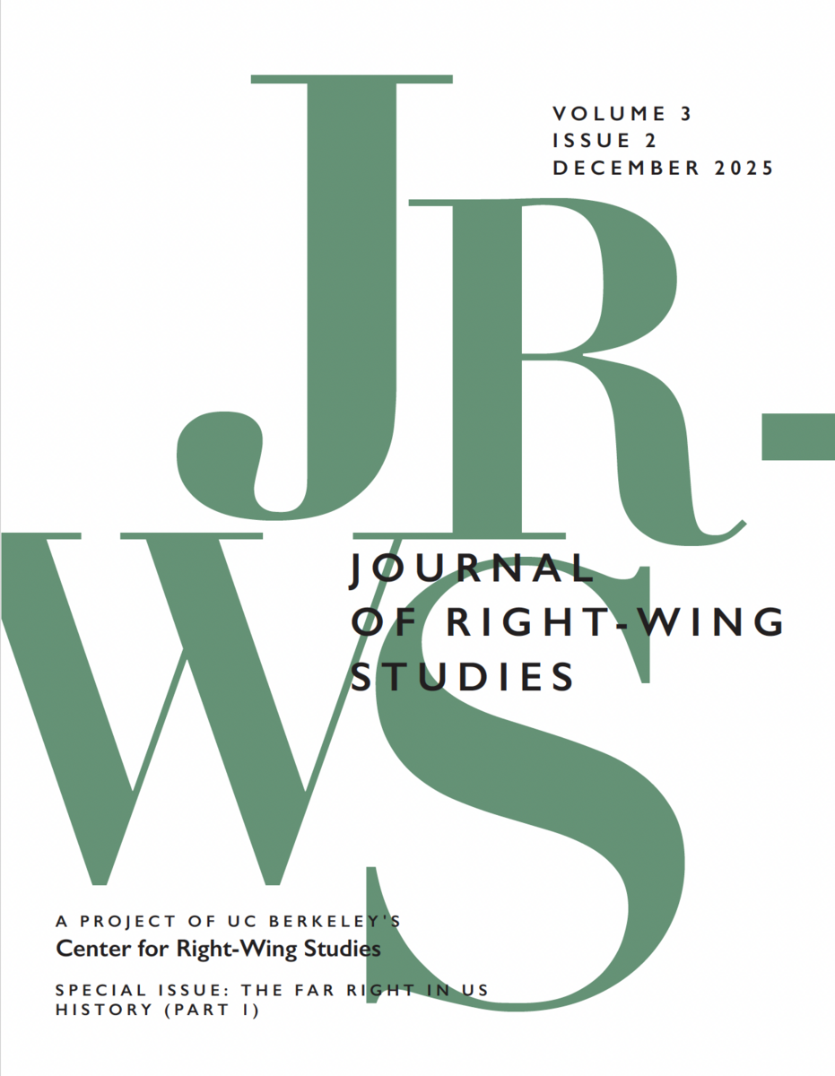 Cover page of the Journal of Right-Wing Studies, Volume 3, Issue 2, December 2025, featuring large green letters 'J', 'R', and 'W', with smaller black text including title and publisher information.