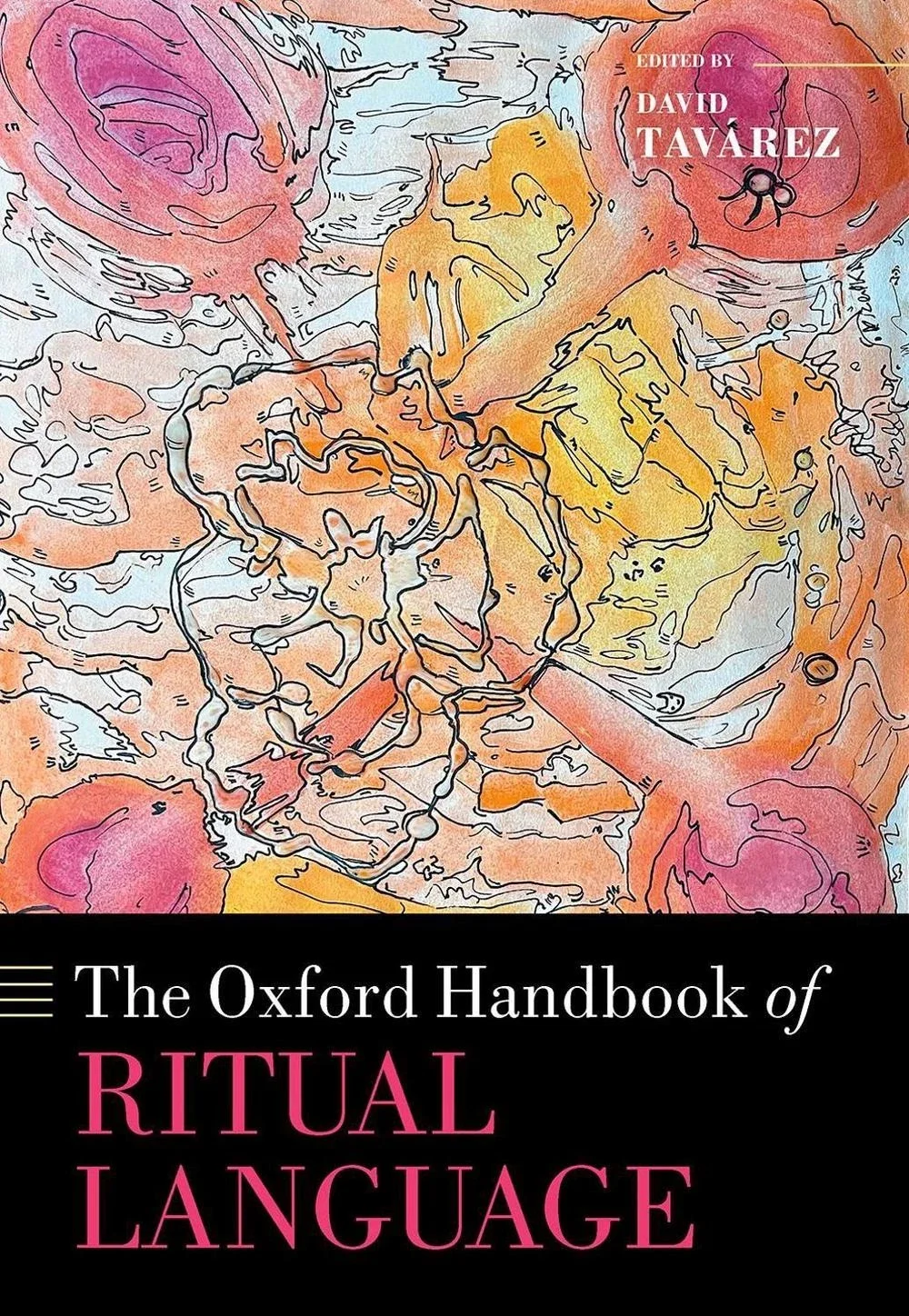 Cover of a book titled "The Oxford Handbook of Ritual Language," with an abstract, watercolor-style background featuring soft pastel colors and flowing lines.